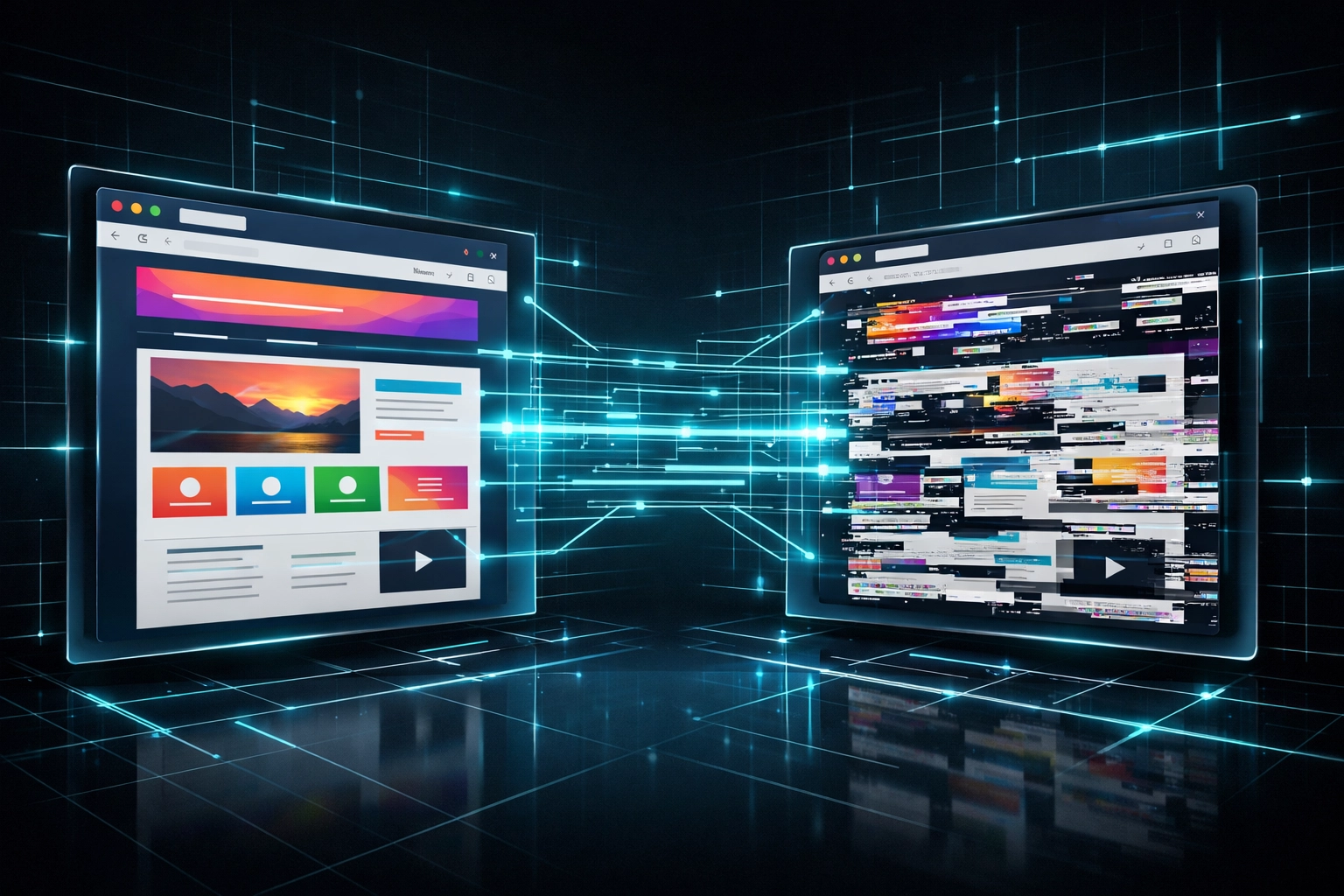 Visual regression testing comparing perfect and broken UI layouts with AI analysis