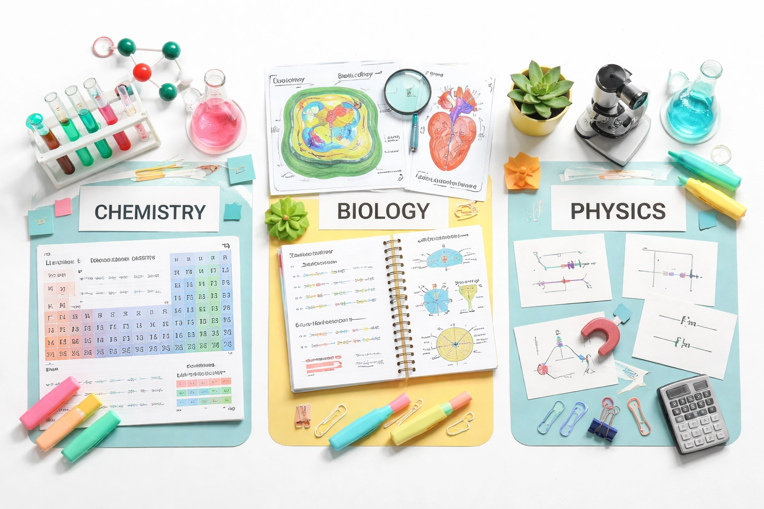 Overhead image of Chemistry, Biology, and Physics study zones with organised science resources from South London GCSE Science course.