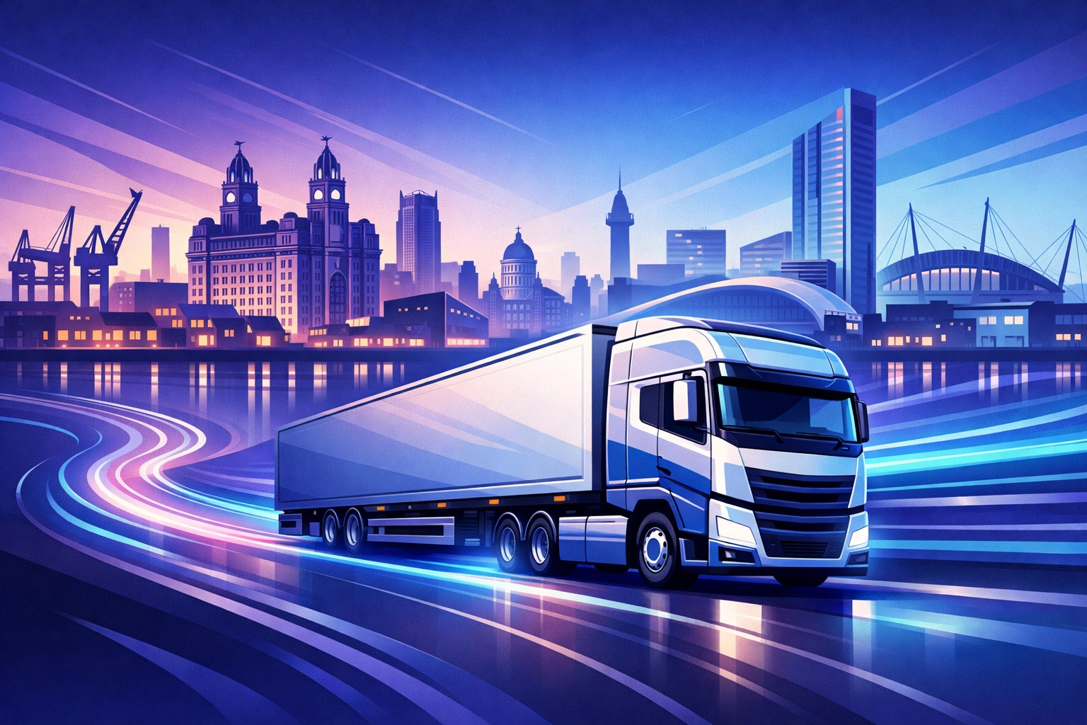 HGV truck driving through a stylized Liverpool and Manchester skyline for regional logistics recruitment.