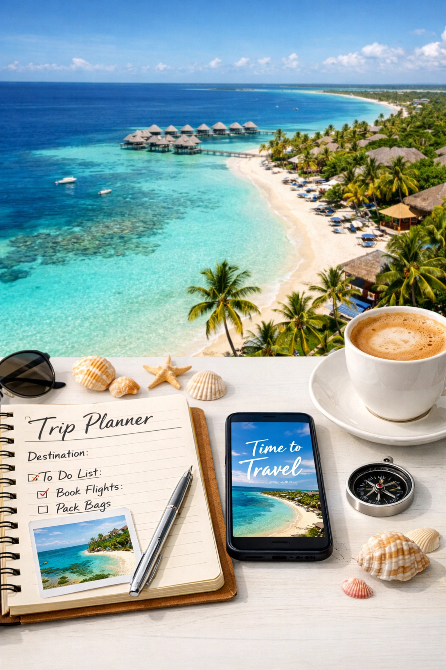 Travel planning workspace with tropical beach destination and travel advisor materials