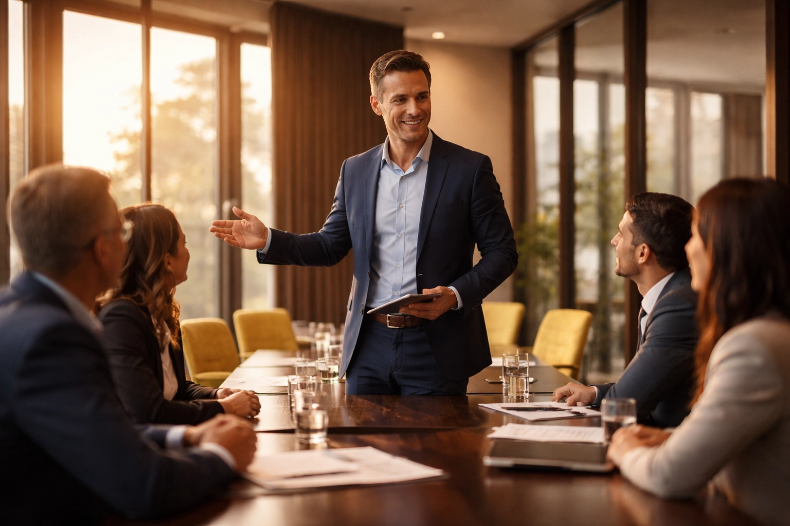 Business consultant leading a boardroom discussion on MSP strategic planning with clients