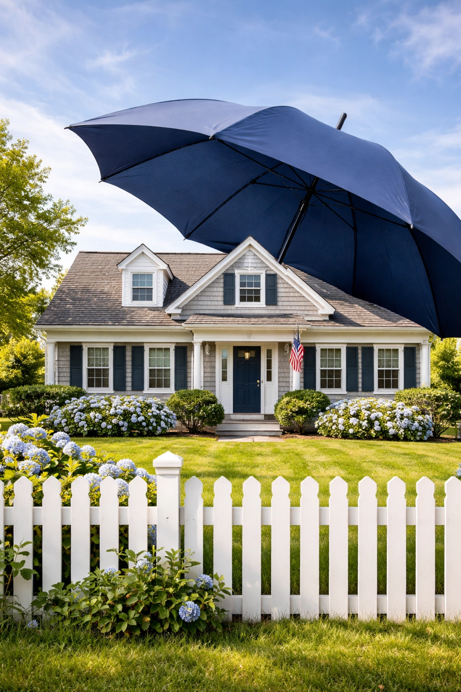 Cape Cod home with navy umbrella symbolizing extra liability protection for homeowners insurance Massachusetts.