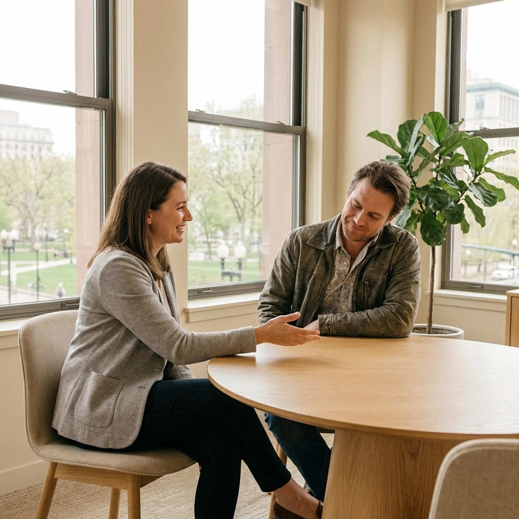 Child arrangement solicitor warmly advising a relieved father in a supportive office meeting