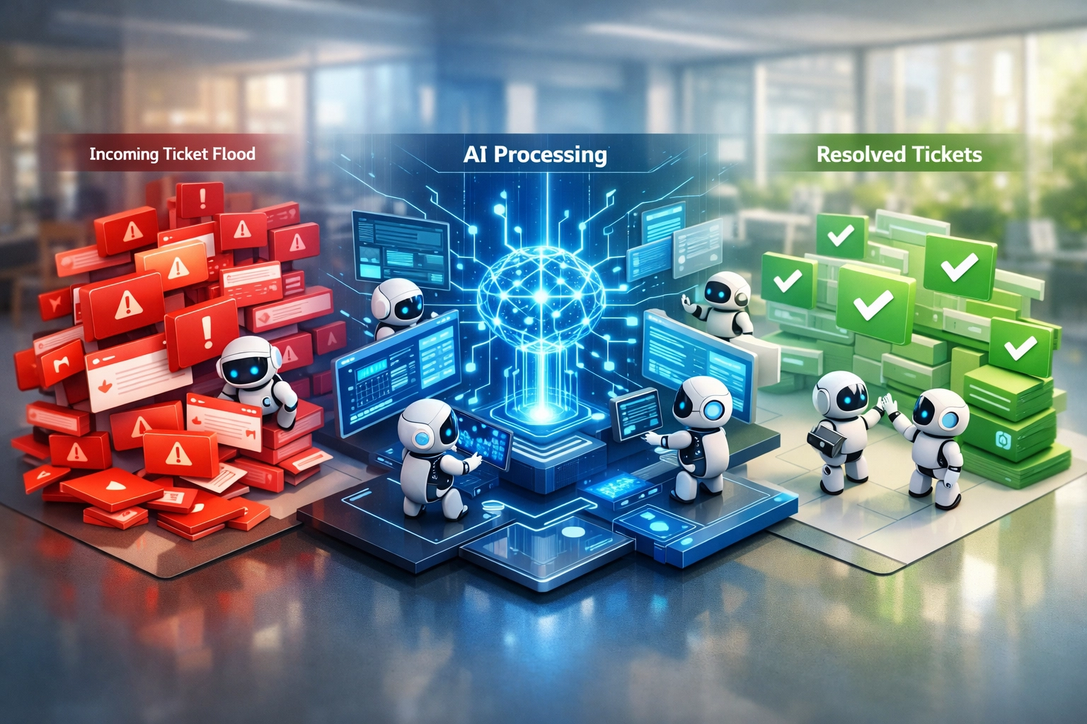 Autonomous incident resolution workflow with AI agents processing and resolving ServiceNow ITOM tickets