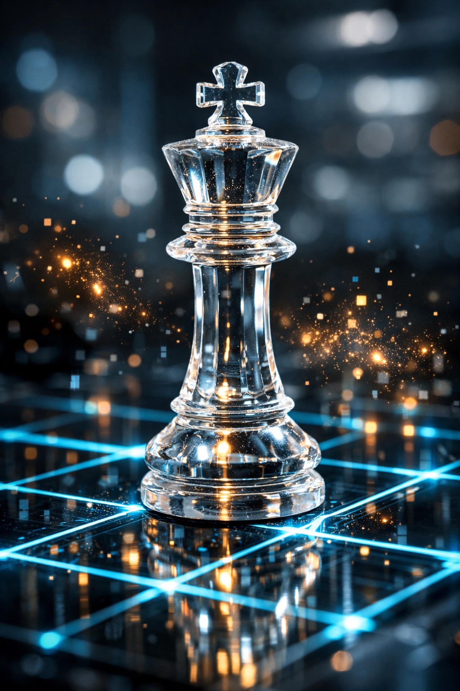 Crystal chess king on a digital board symbolizing strategic business financing and financial intelligence.