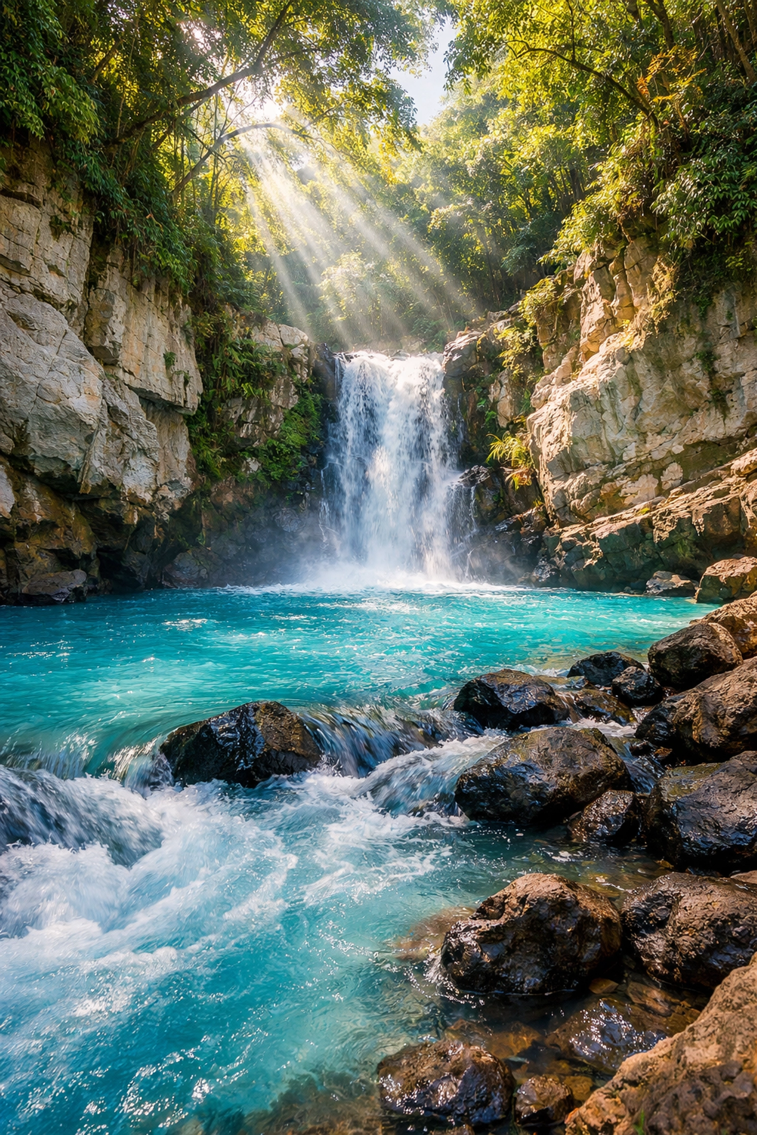 Tropical turquoise waterfall in Guanacaste, a popular destination for Liberia airport transportation tours.
