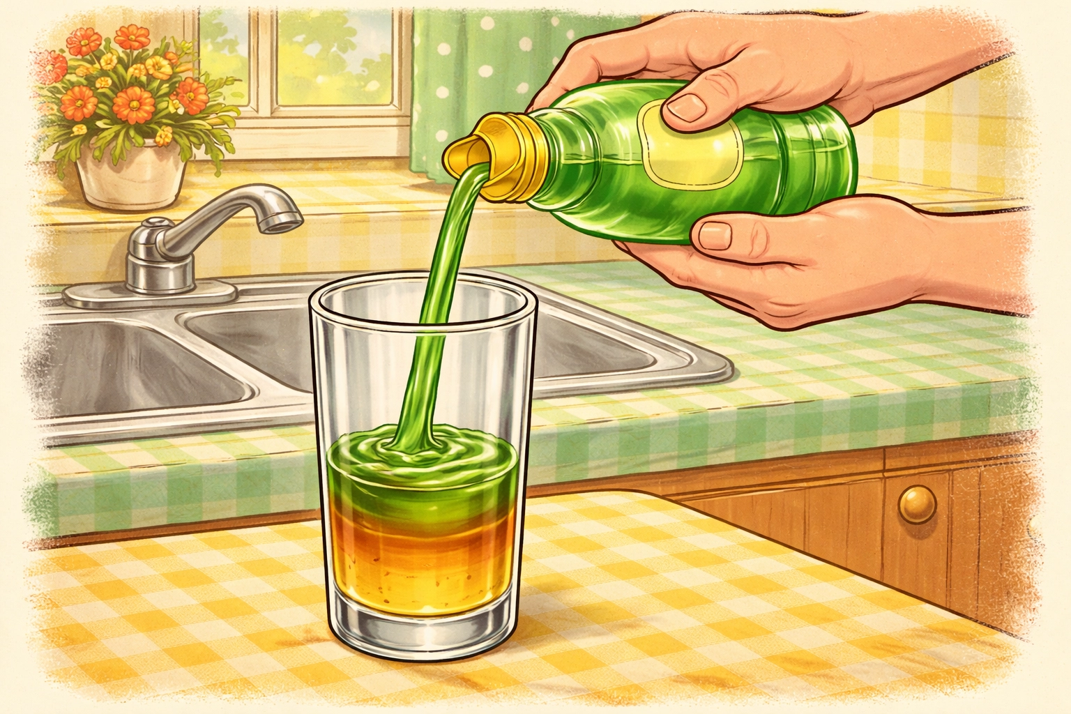 Hands pouring bright green dish soap into a glass, creating visible layers in a kids' liquid density experiment.