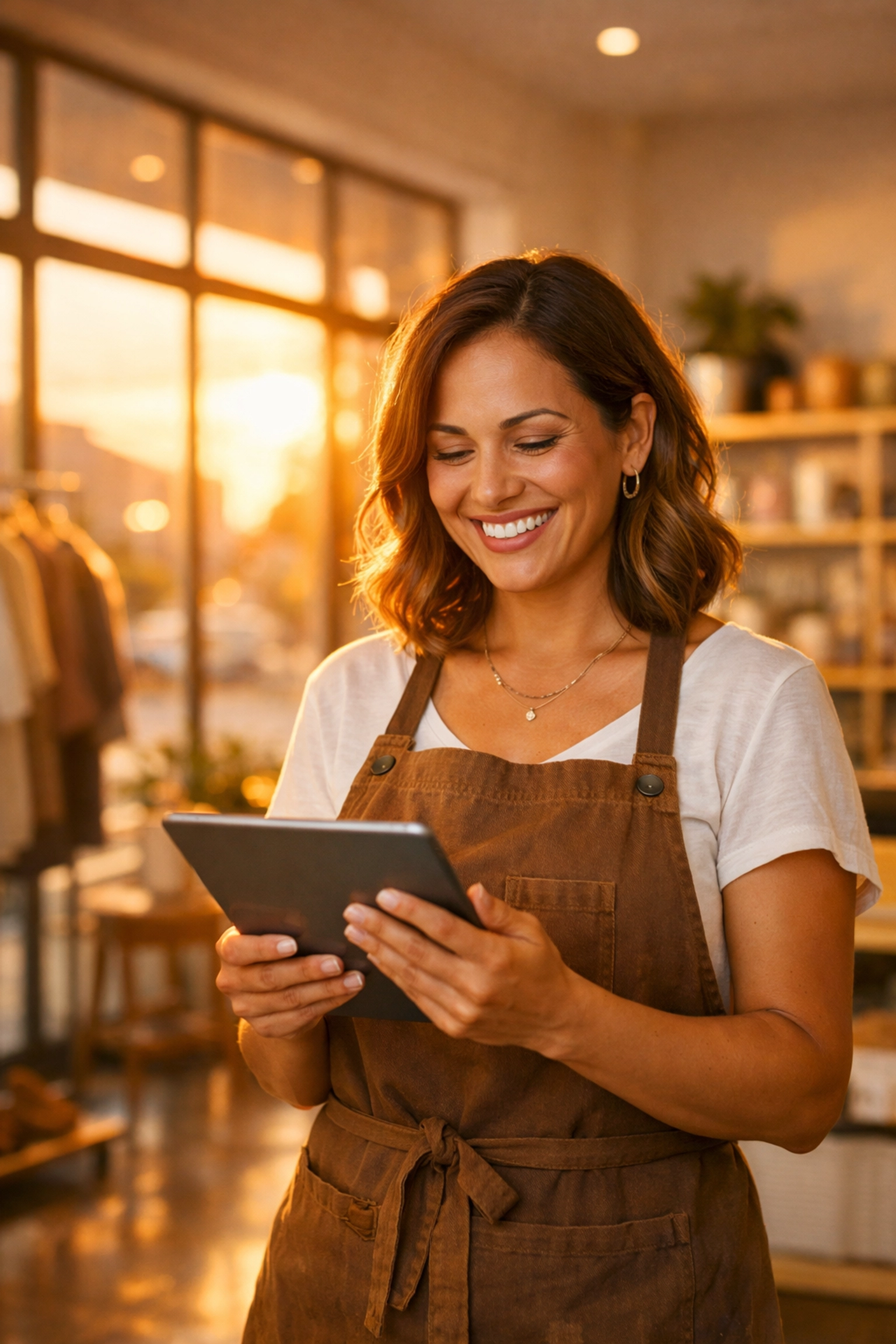 Smiling small business owner checking payroll reports on a tablet for tax compliance.