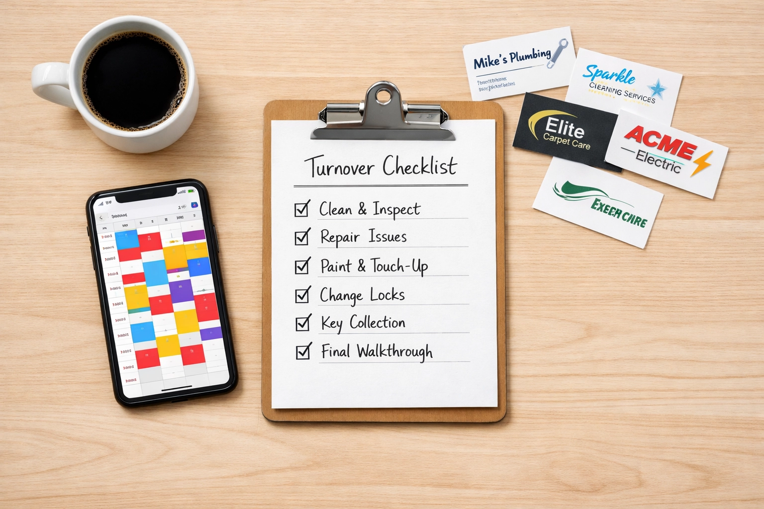 Property manager's desk showing turnover scheduling and vendor coordination chaos