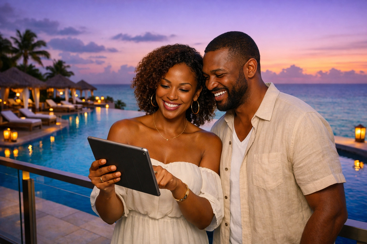 A couple enjoying a luxury lifestyle resort vacation coordinated by an expert Omaha travel agent.