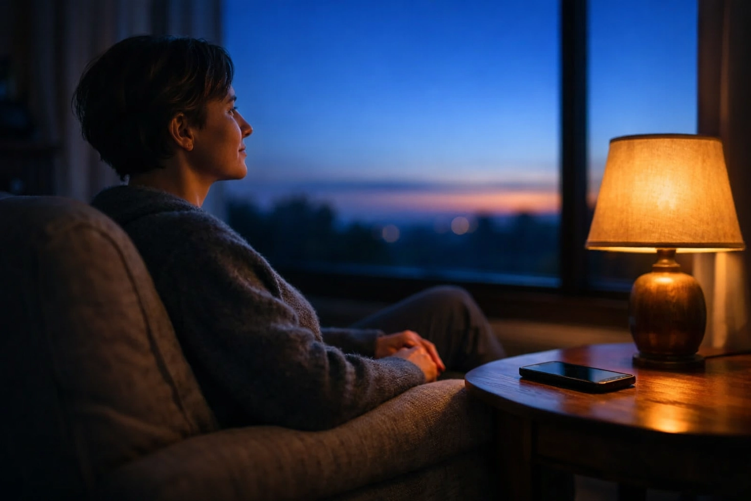 A person practicing quiet discipline at dawn, choosing peace over morning news headlines.