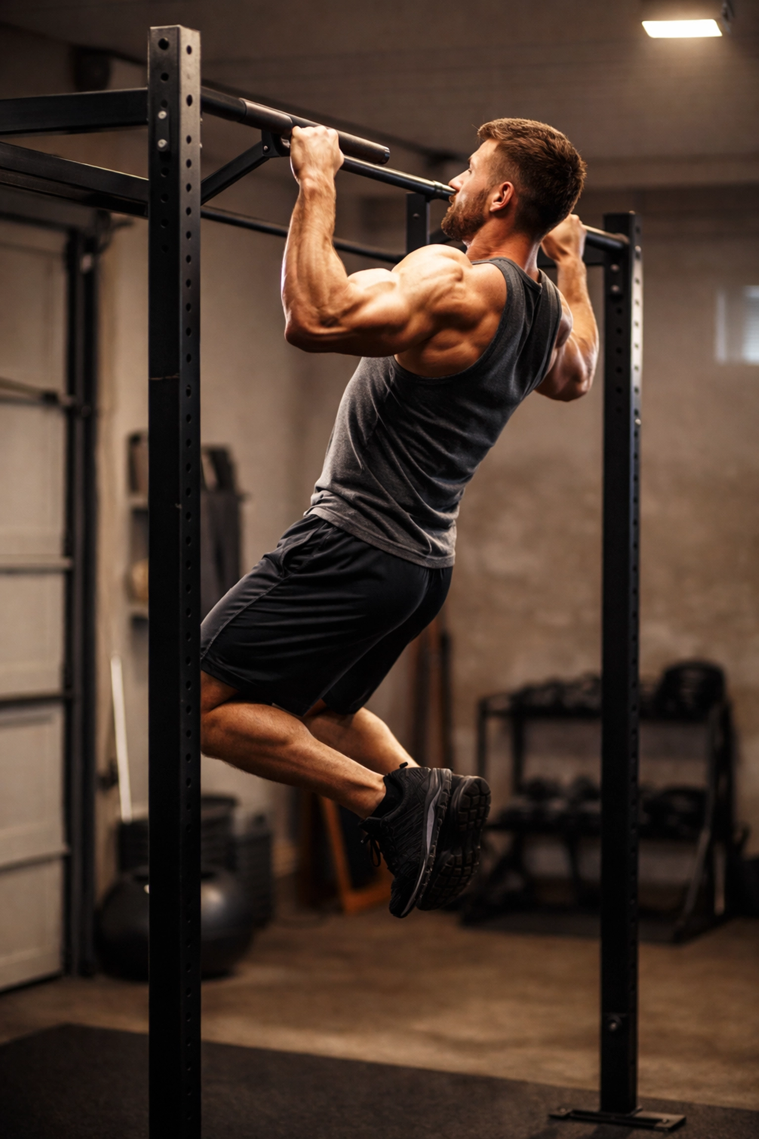 Male athlete performing controlled pull-up in modern garage gym, showcasing proper home bodyweight training form