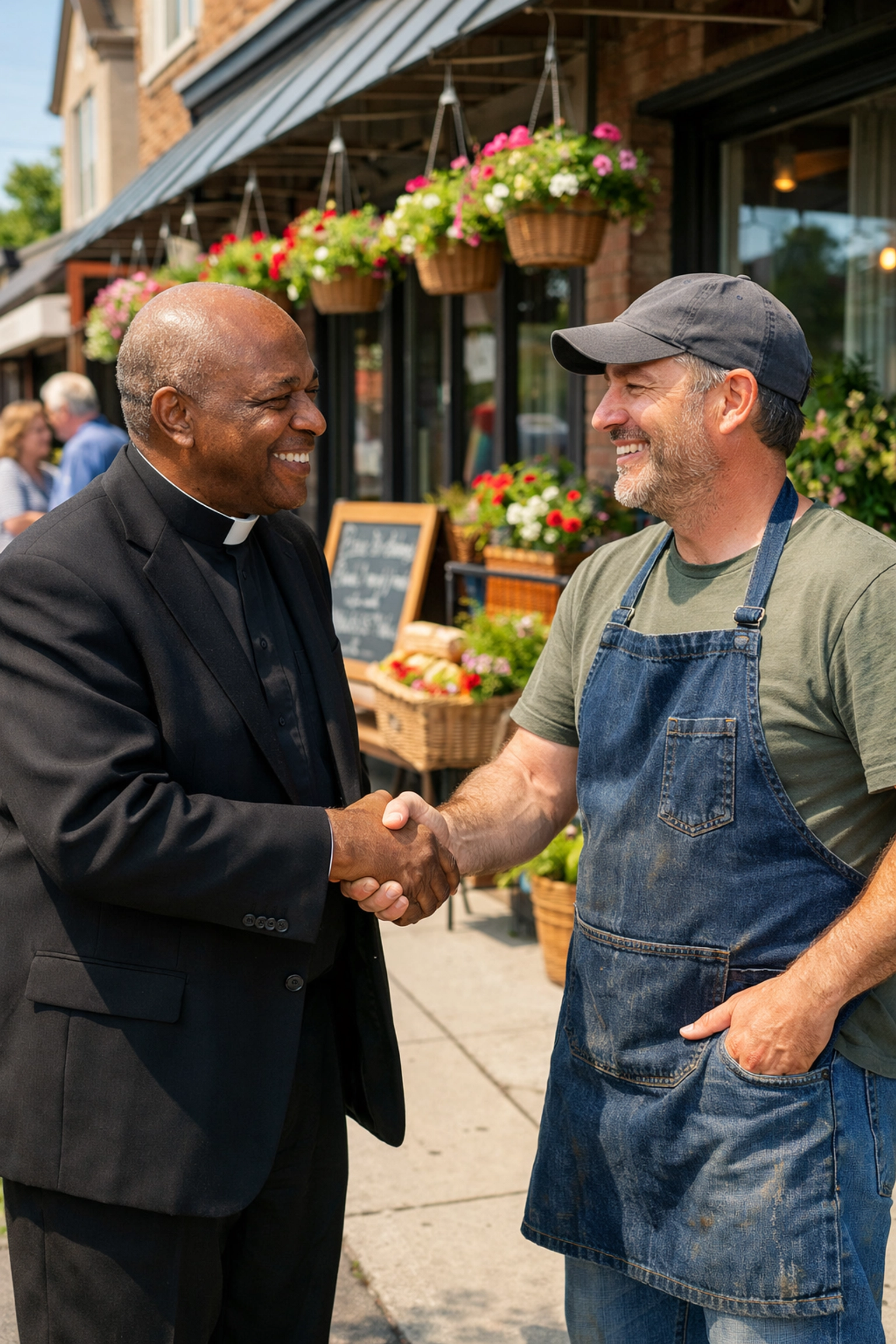 A church leader and small business owner shaking hands, symbolizing a partnership for local economic growth.