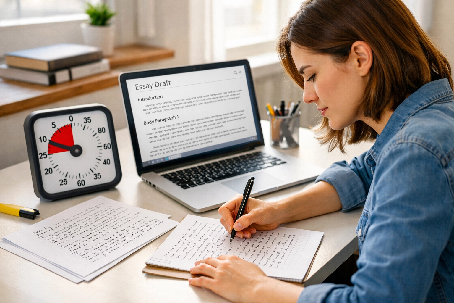 Student practicing timed essay writing for CLEP exam preparation at desk with timer