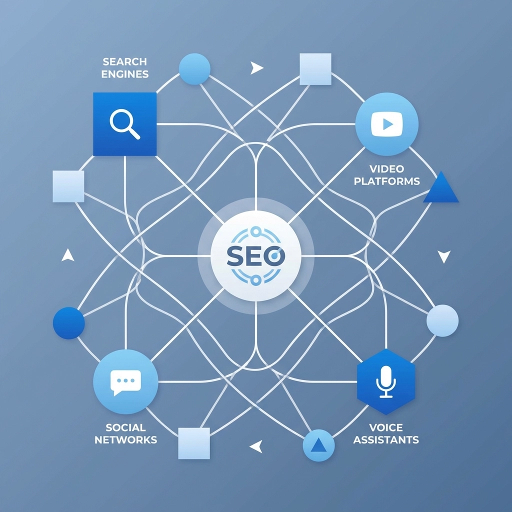 Vector network of platforms representing SEO across search engines, video, social, and voice search channels