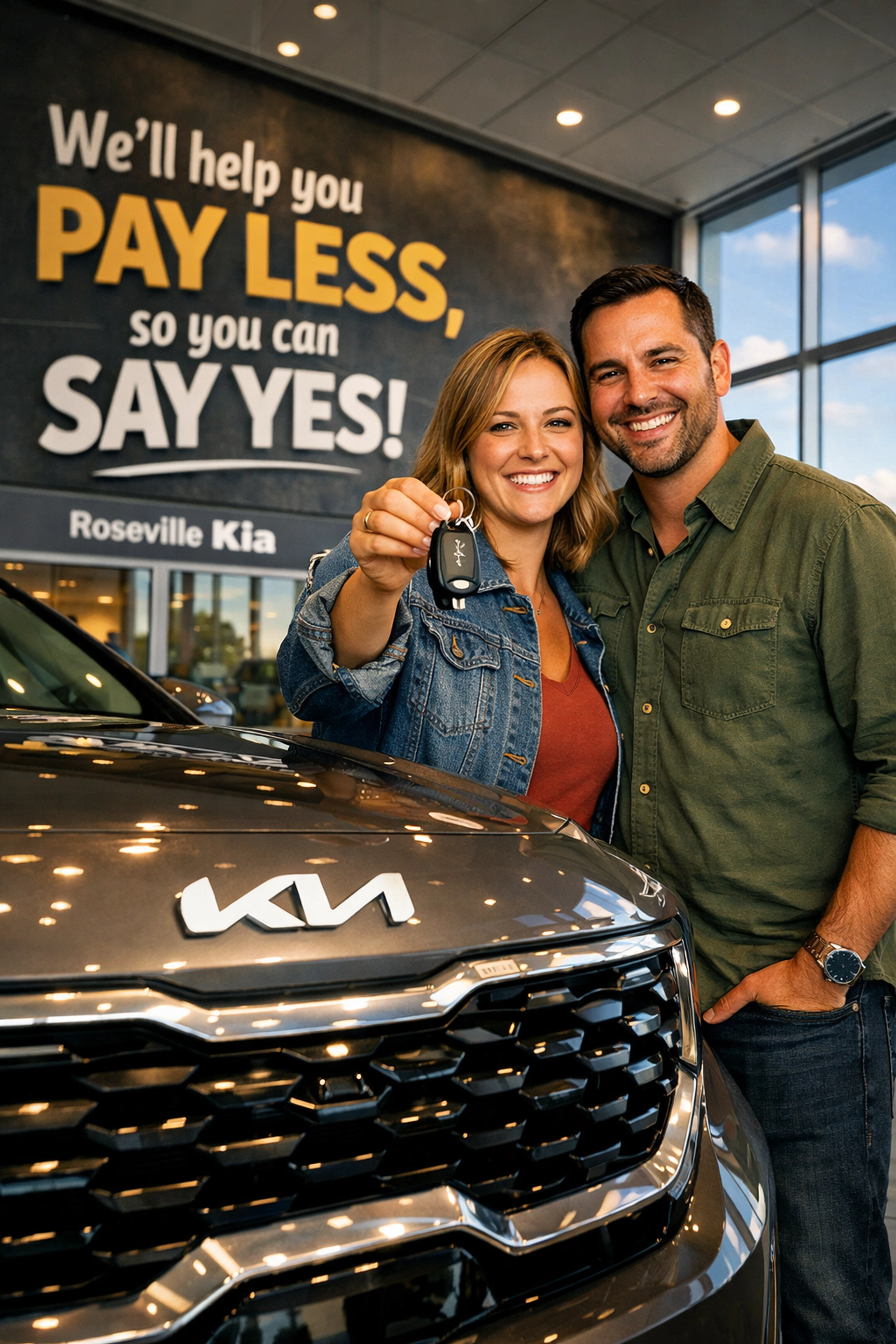 Happy customers celebrating a new car purchase inside the Roseville Kia dealership showroom.