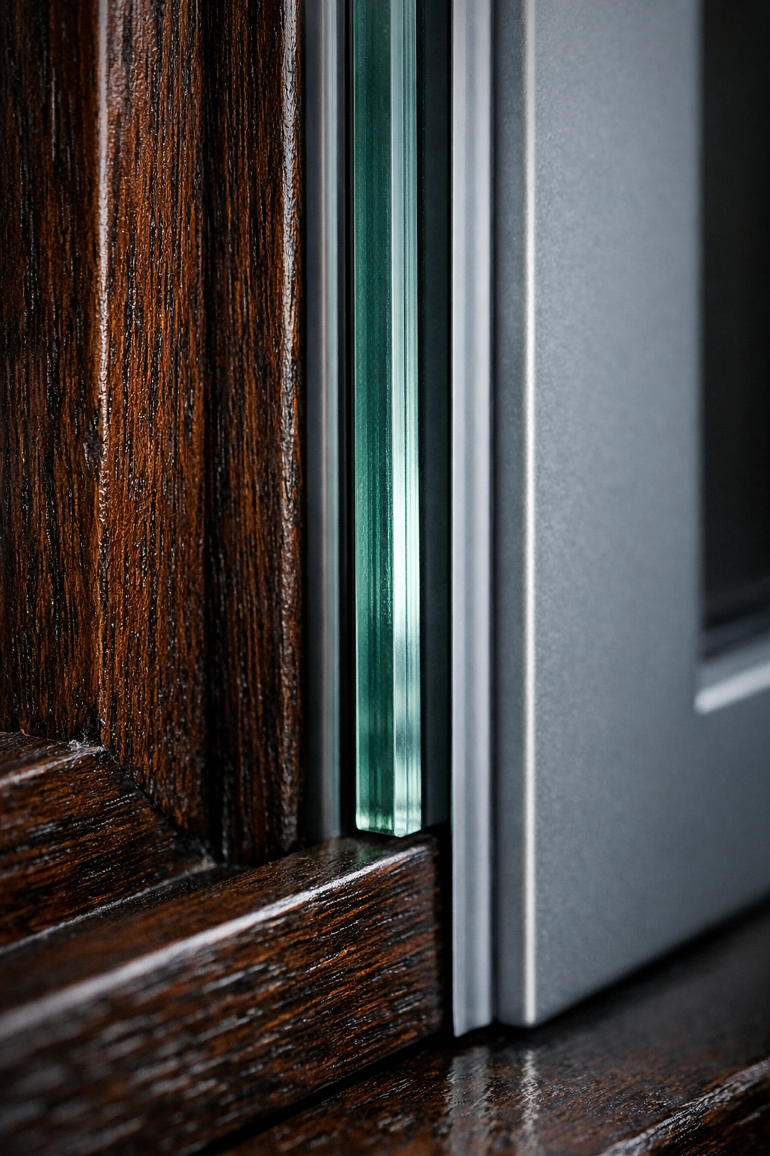Close-up of 10.8mm acoustic laminate glass in a secondary glazing frame on a Victorian window.