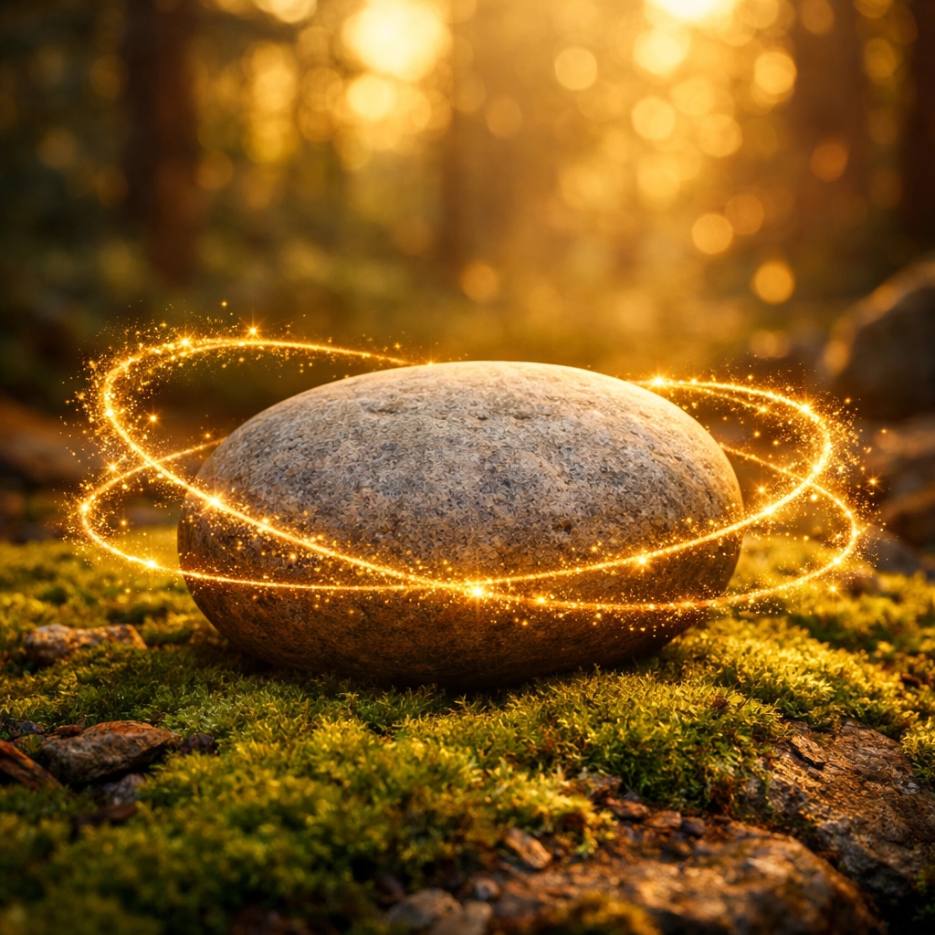 A river stone on moss with a glowing golden orbit representing the Chiron birth chart healing path.