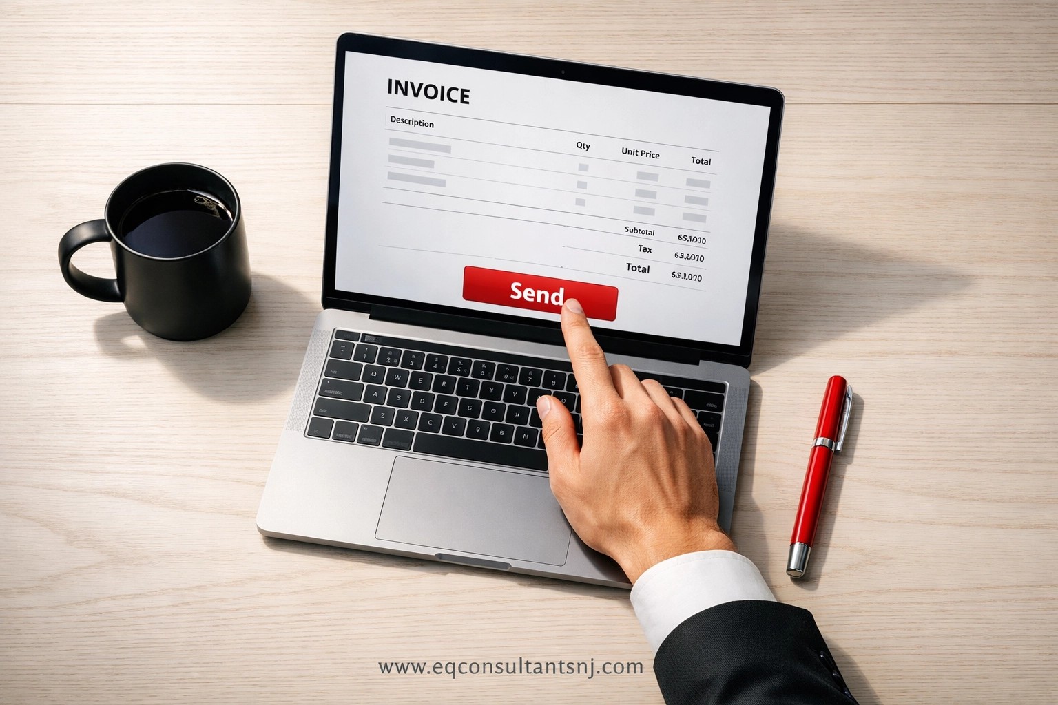Self-employed professional clicking send on a digital invoice to accelerate business cash flow.