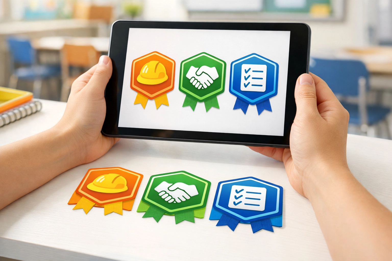 Digital workforce credential badges displayed on tablet for students with autism
