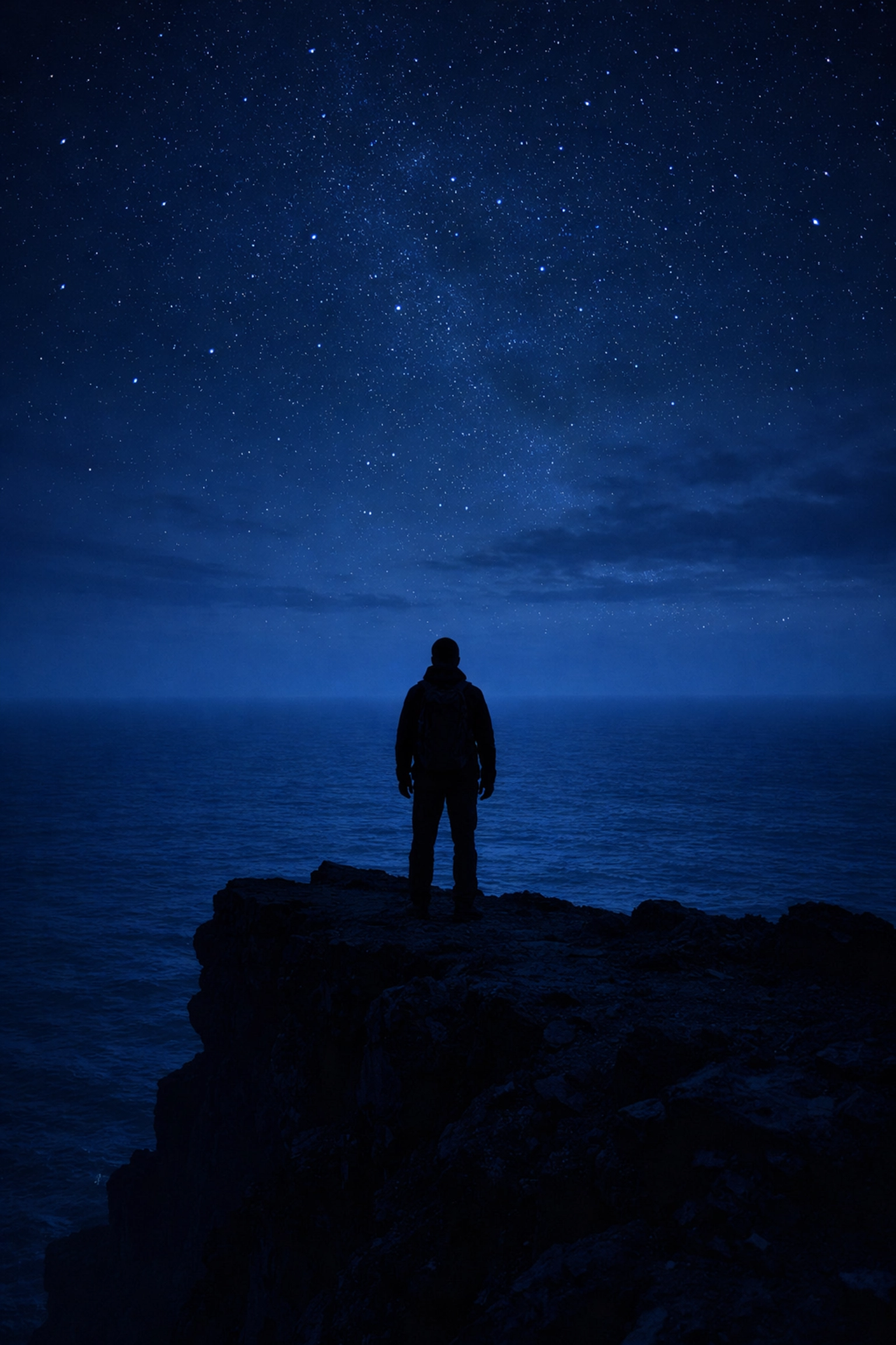 Silhouette of a lone traveler on a dark cliff reflecting on an intentional travel journey by the ocean.