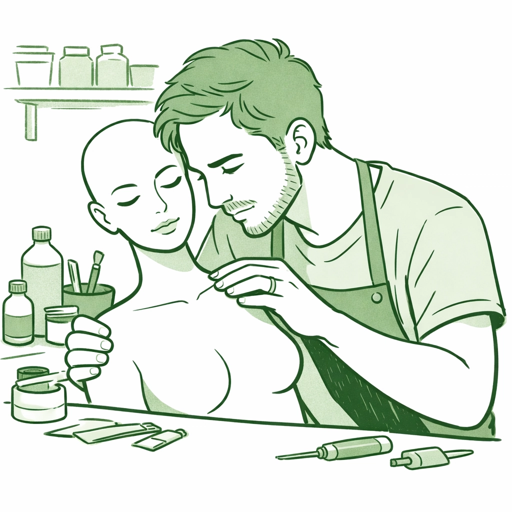 Craftsman repairing silicone companion doll in workshop with tools and supplies