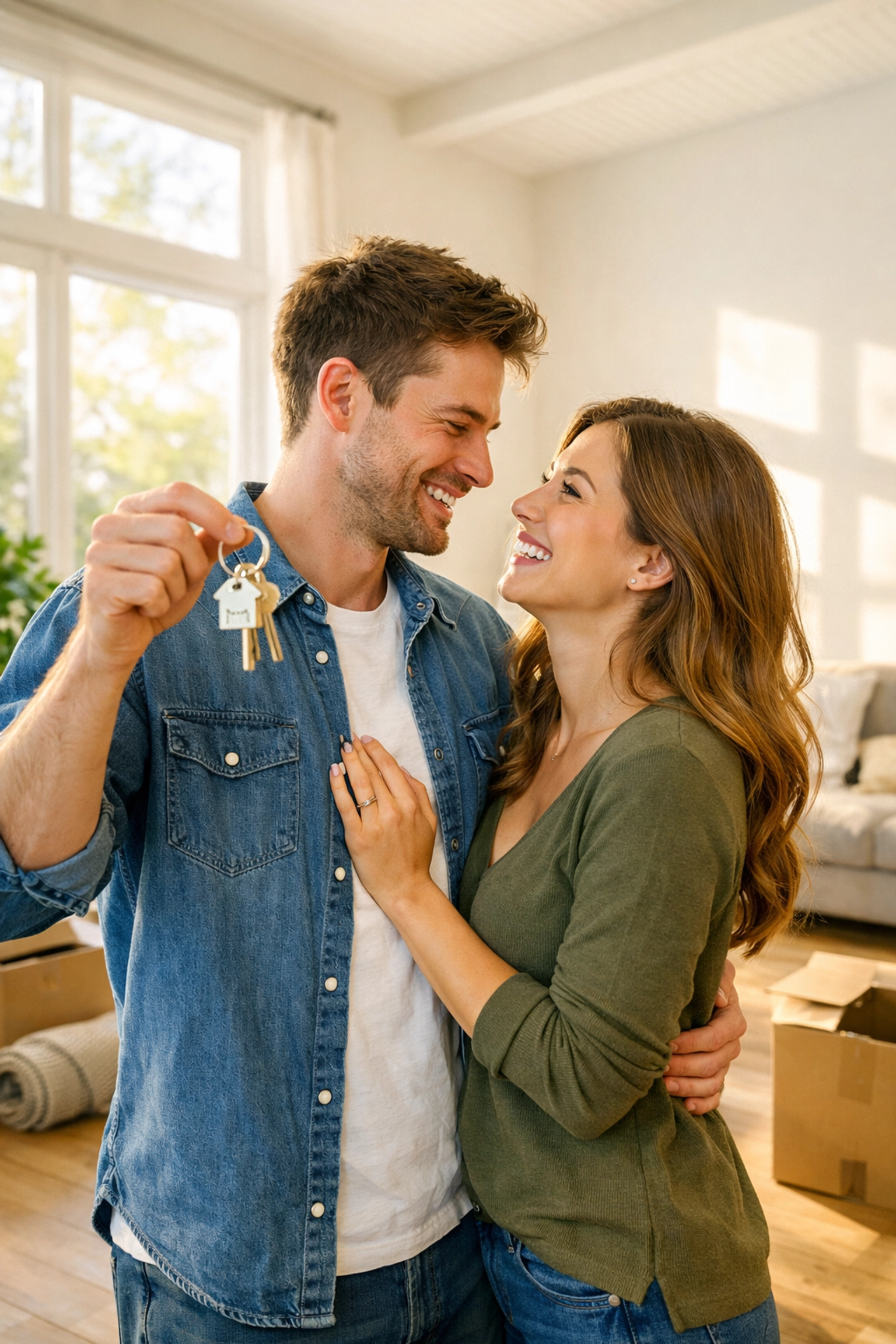 Happy couple holding keys in their new Triad home purchased with a 100% financing USDA loan.