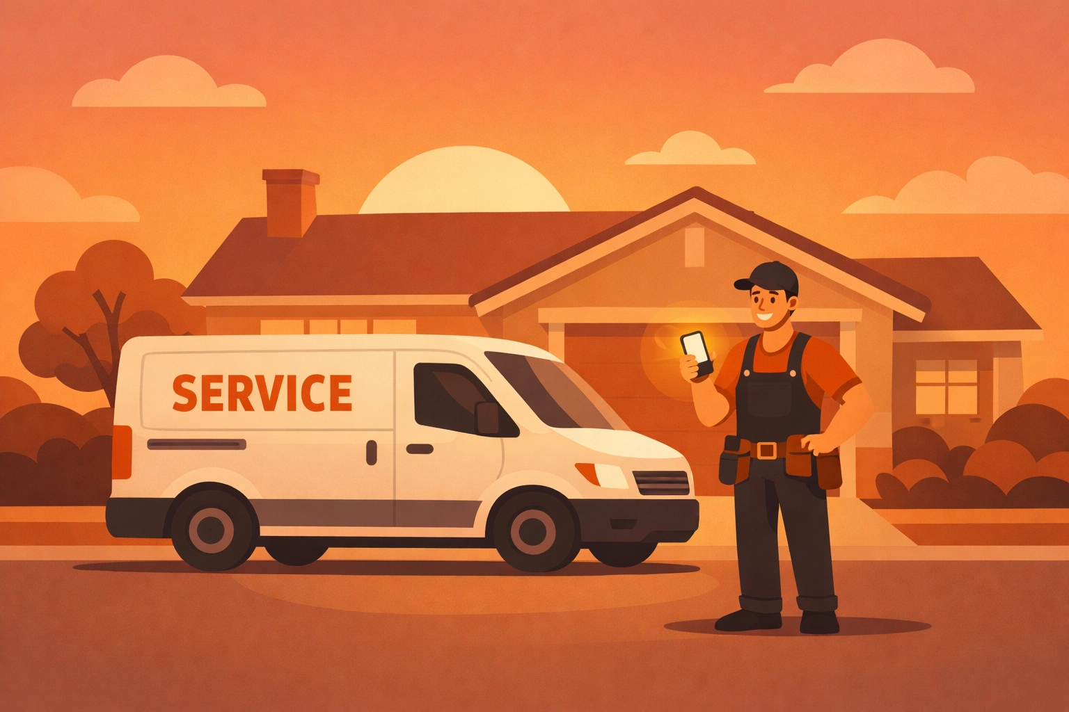 A service contractor using a job app on his phone next to a work van at a job site.