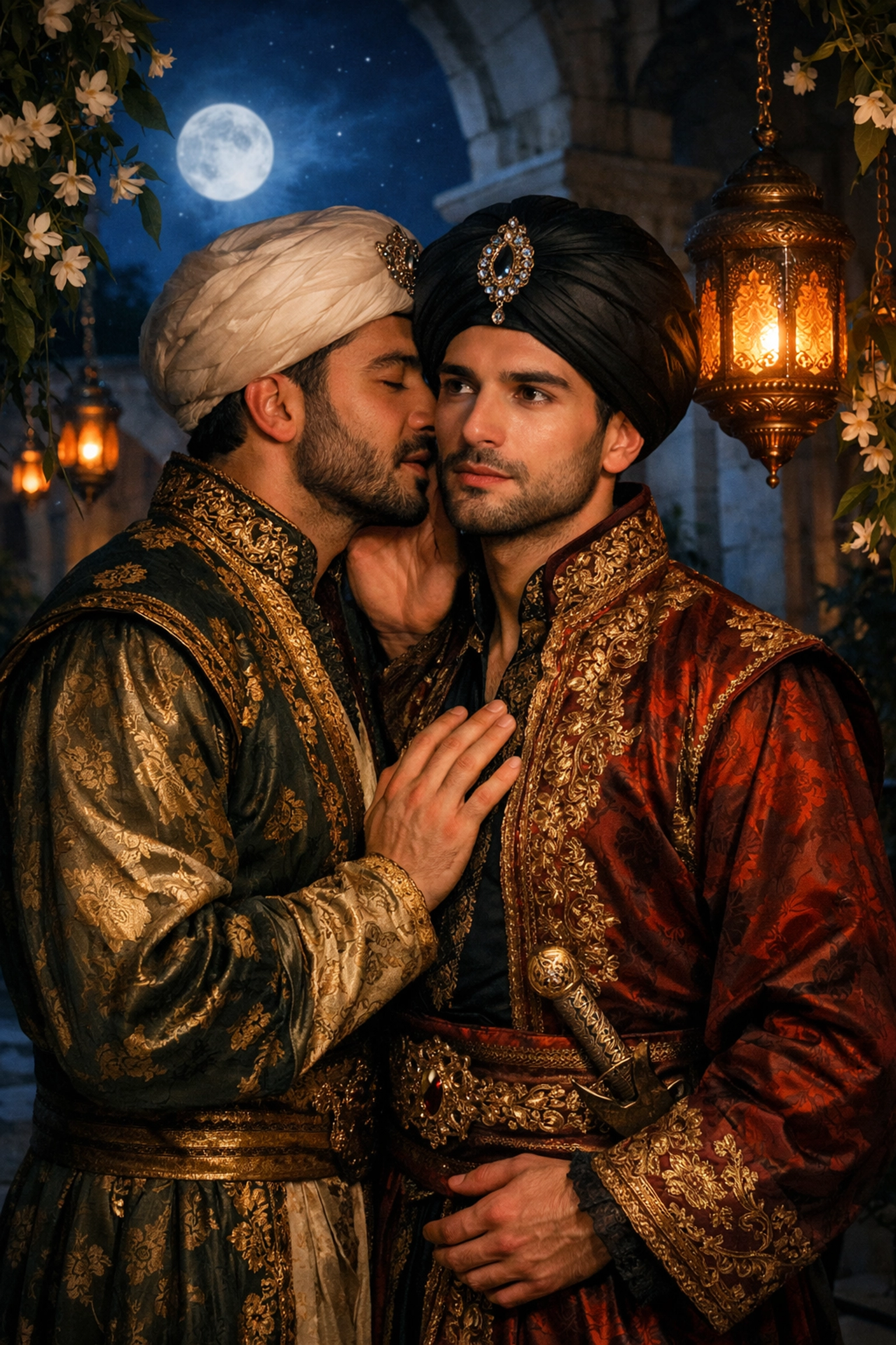 Two men in historical Ottoman clothing sharing a romantic, moonlit moment in a palace courtyard.