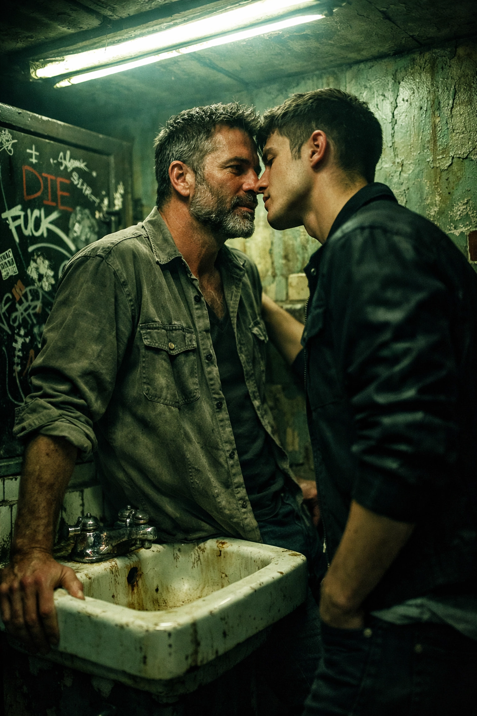Two men share intimate moment in gritty dive bar bathroom - MM romance authenticity