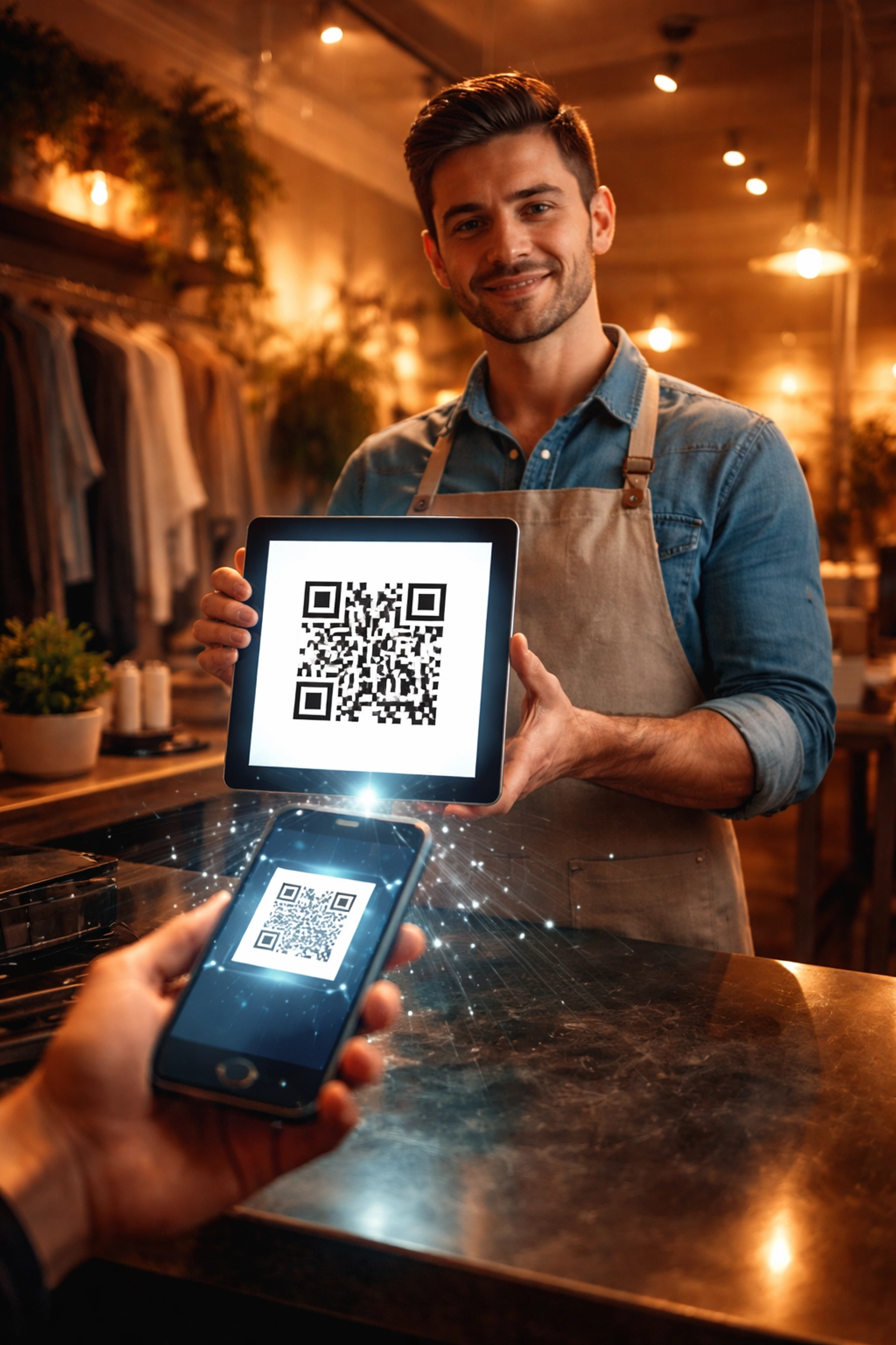 Shop owner accepts crypto with self-custody wallet as a customer scans a QR code, showing instant Web3 payments.