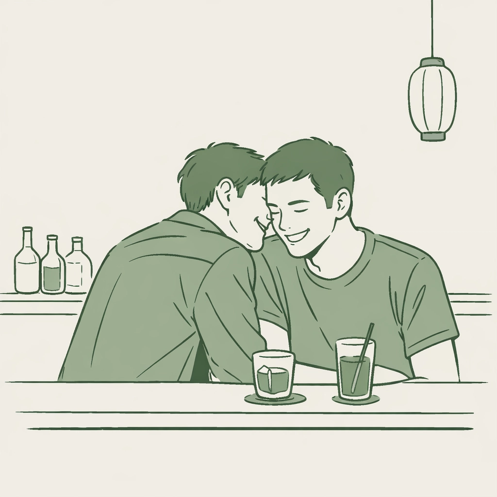 Minimalist illustration of two men sharing an intimate moment at a Shinjuku Ni-chōme gay bar in Tokyo.