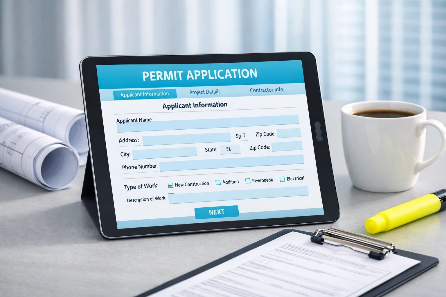 Standardized Florida commercial building permit application displayed on tablet with blueprints