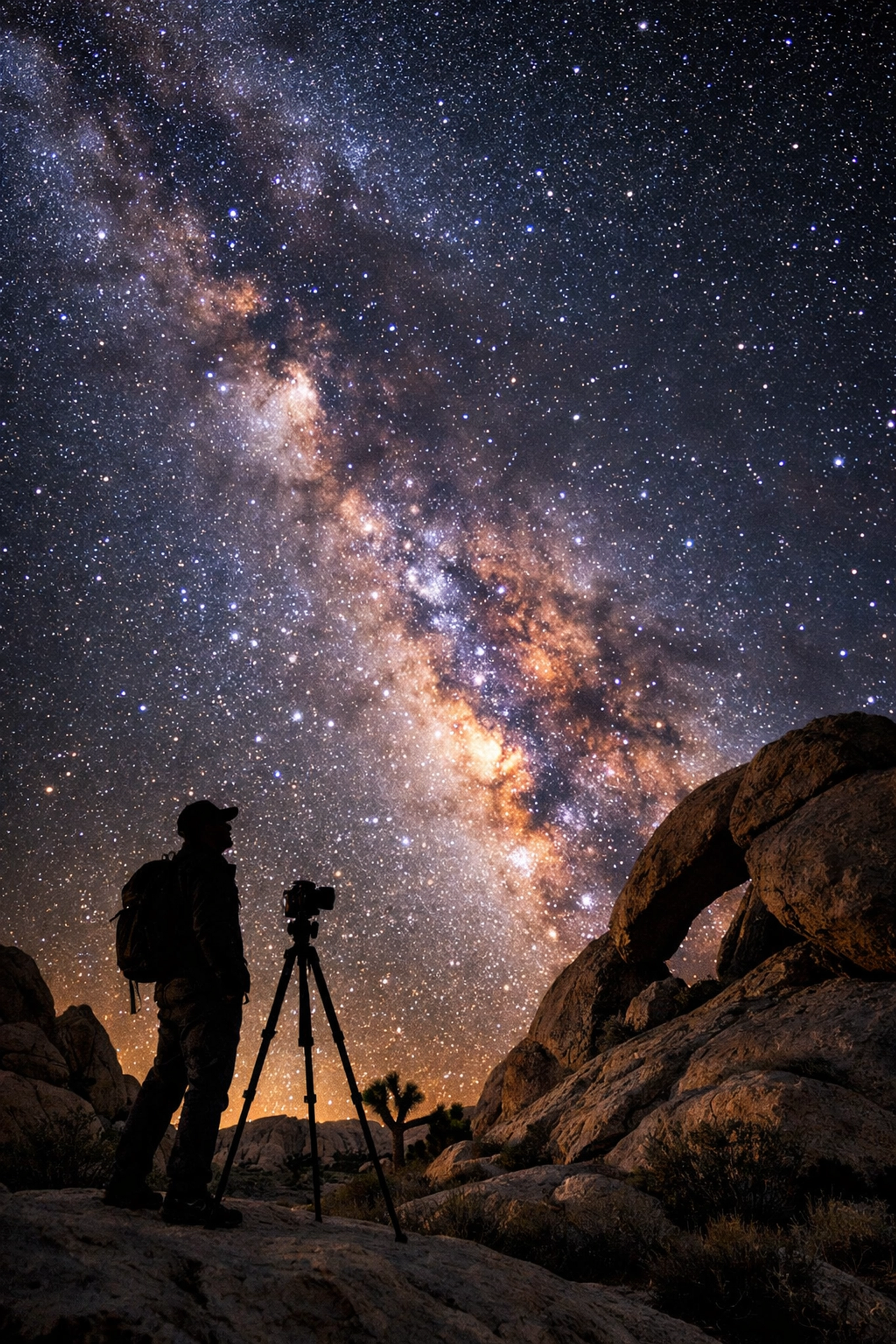 Photographer silhouette under Milky Way at Joshua Tree, a top photography location for night shots.