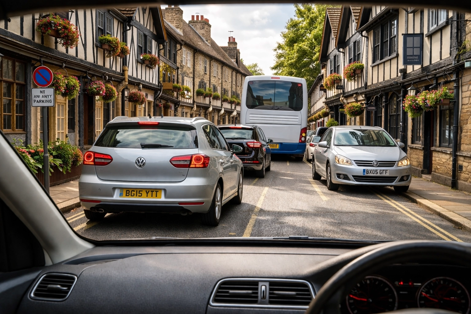 Driver’s view of Stratford-upon-Avon’s medieval street with tour coach ahead and Tudor buildings lining the road, showing typical parking challenges.