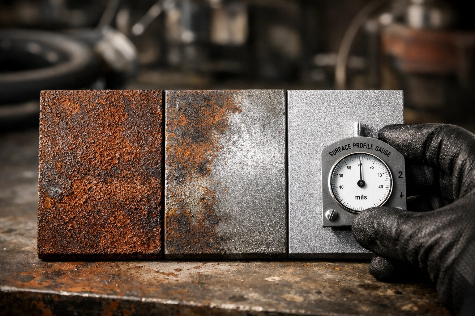 Surface preparation comparison showing rusted, partially cleaned, and properly blasted steel samples