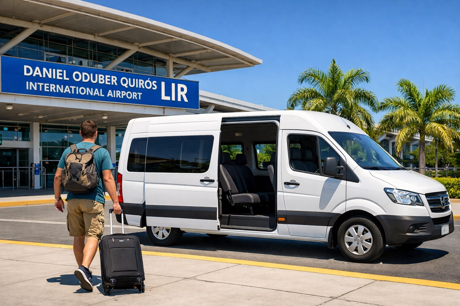 Modern white shared shuttle van at Daniel Oduber Quirós International Airport terminal in Costa Rica.