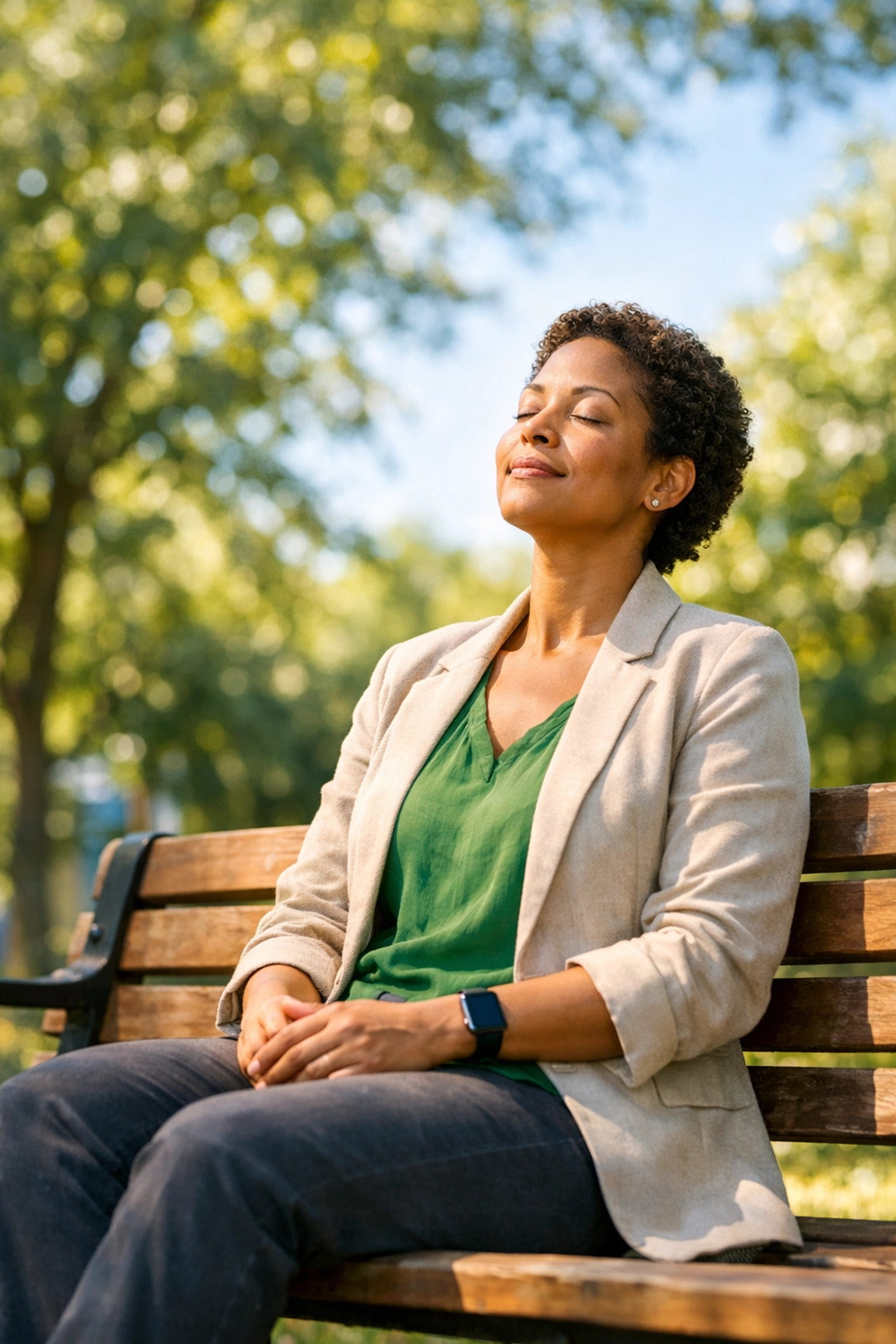Person enjoying peaceful outdoor lunch break with eyes closed on park bench
