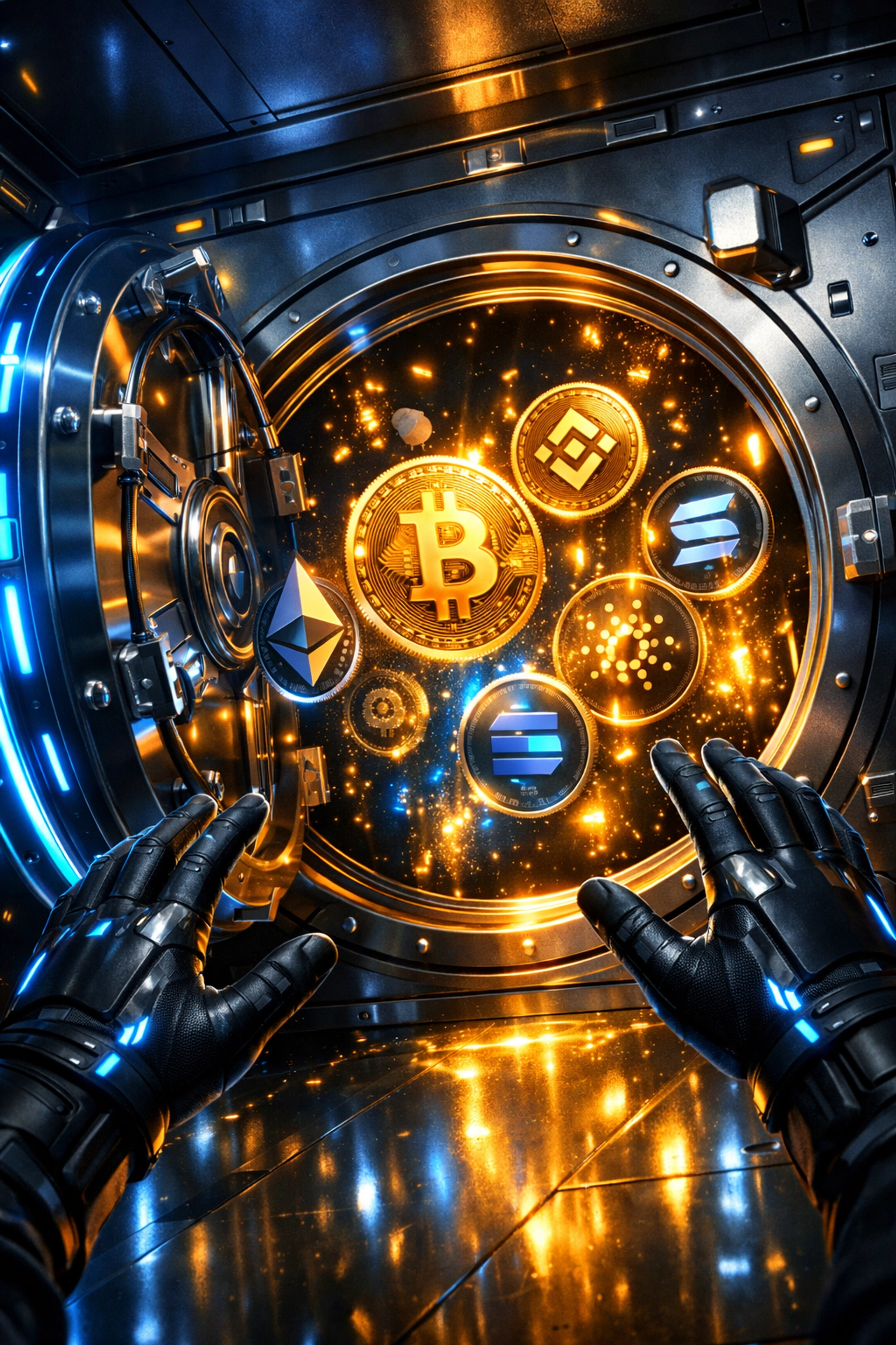 Hands reaching into open crypto vault symbolizing self-custody merchant account fund control and ownership