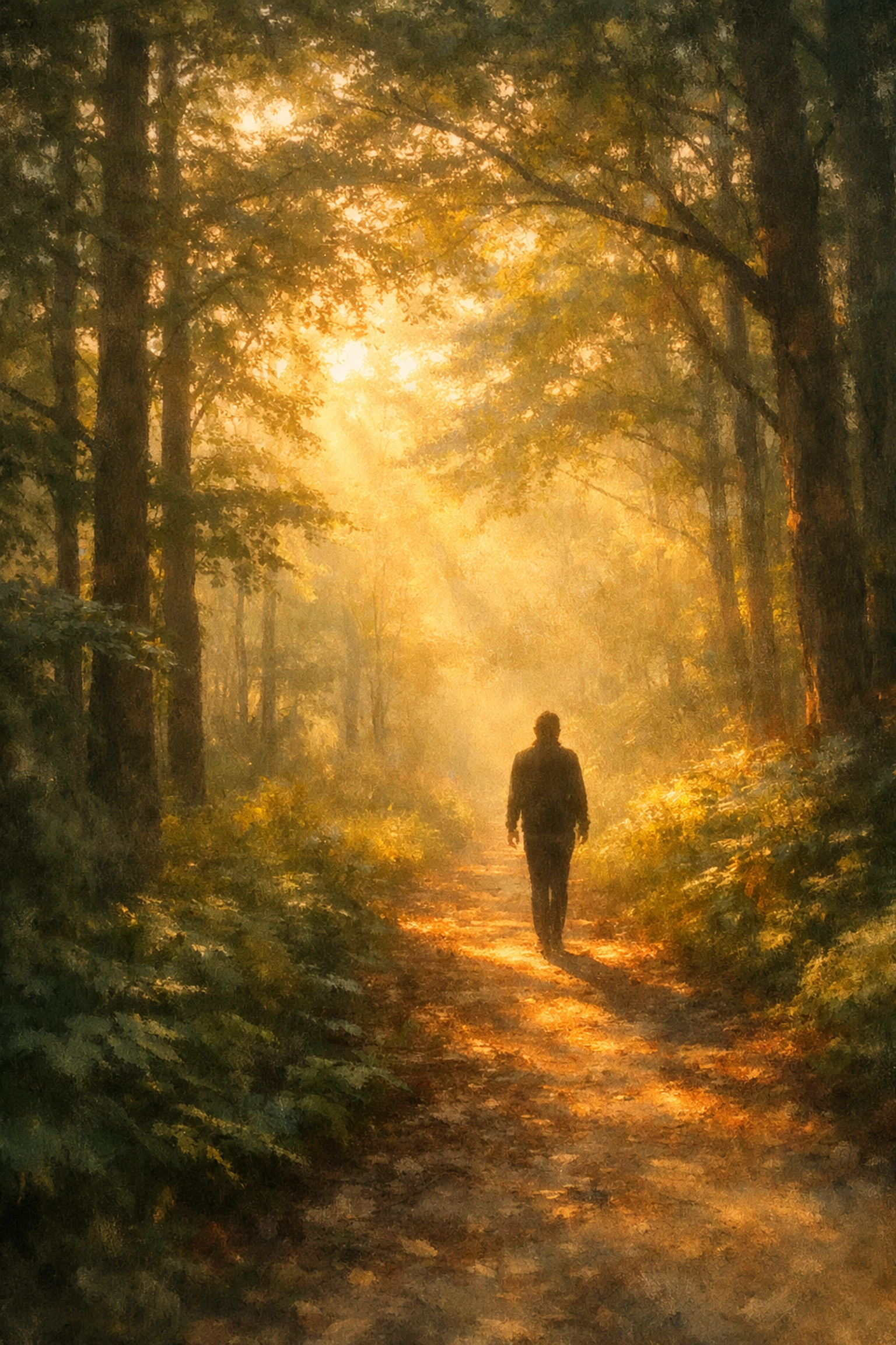 Person walking peaceful forest path during Sabbath rest time