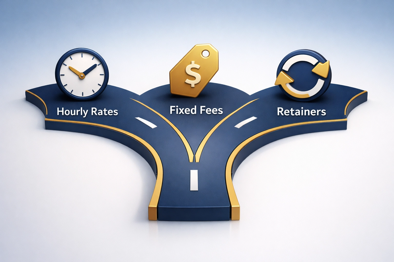 Diagram showing three solicitor fee structures: hourly rates, fixed fees, and retainers