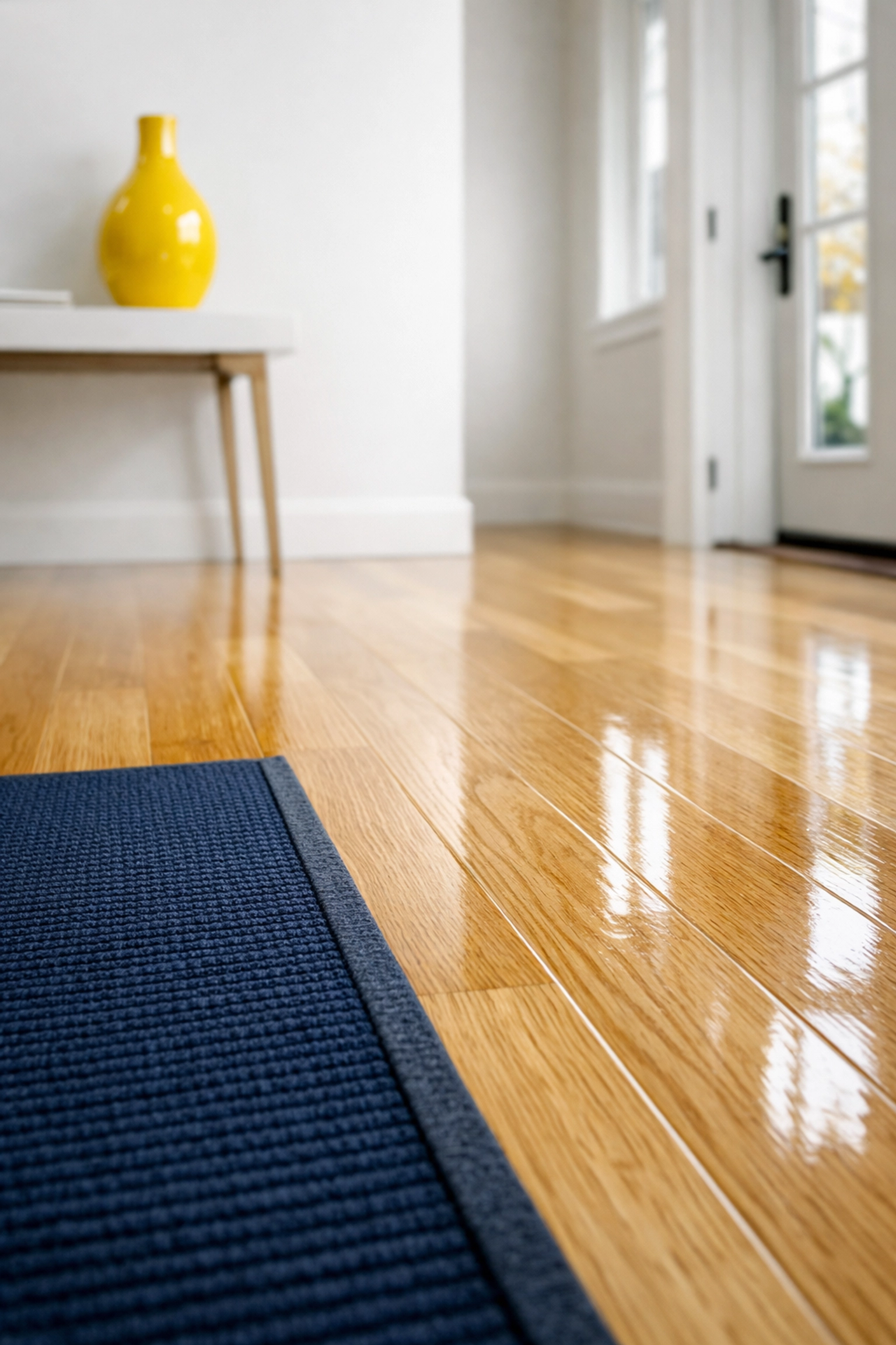 Pristine hardwood entryway in a Harvard home protected from seasonal mud and salt by professional floor care.