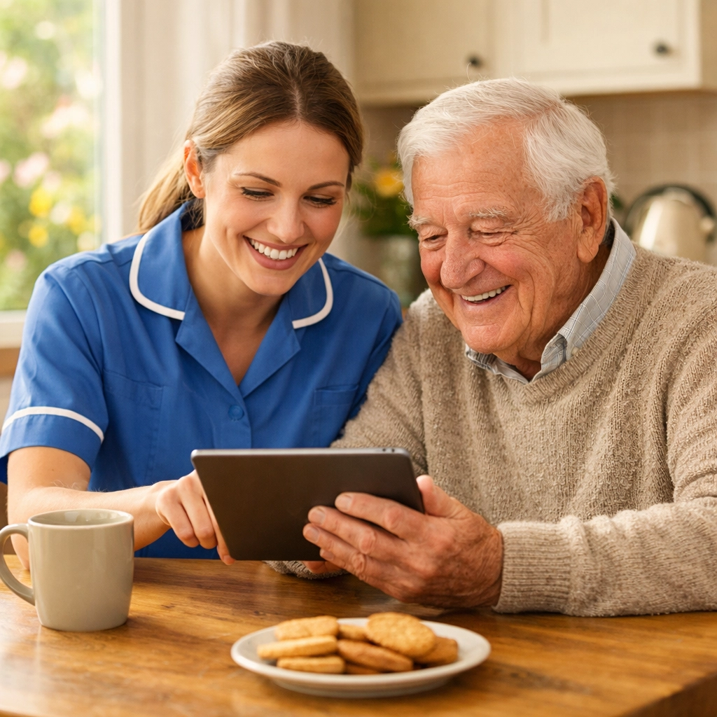 A compassionate carer in Southampton sharing a smile and tea with an elderly man at home.