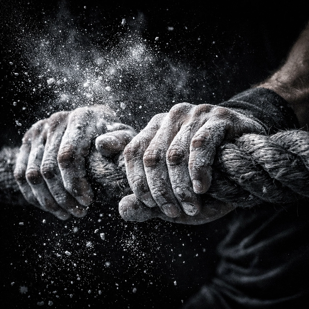 Chalked hands gripping a barbell, representing the discipline needed for fat loss success.
