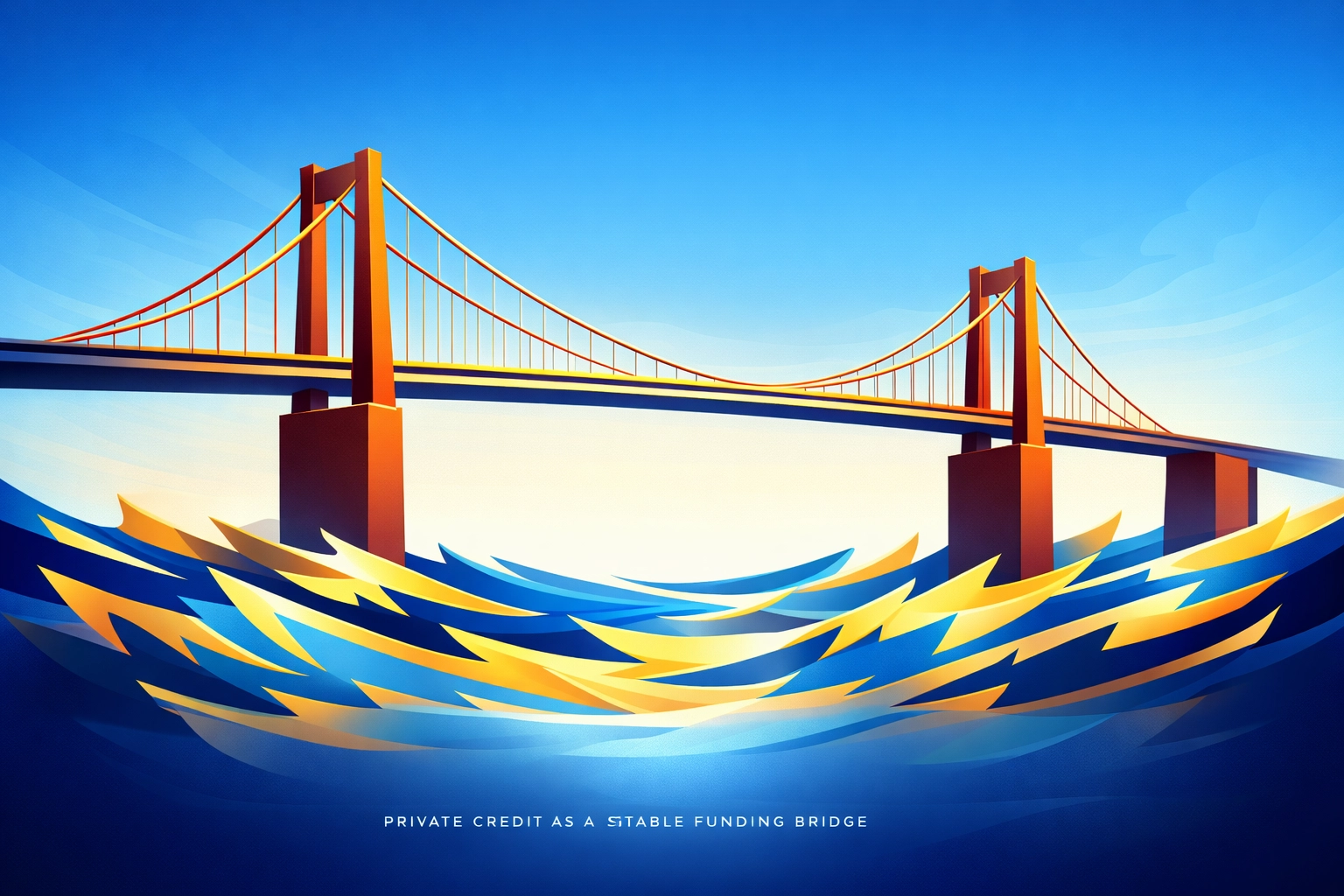 Architectural line art of a suspension bridge symbolizing private credit as a stable business funding bridge.