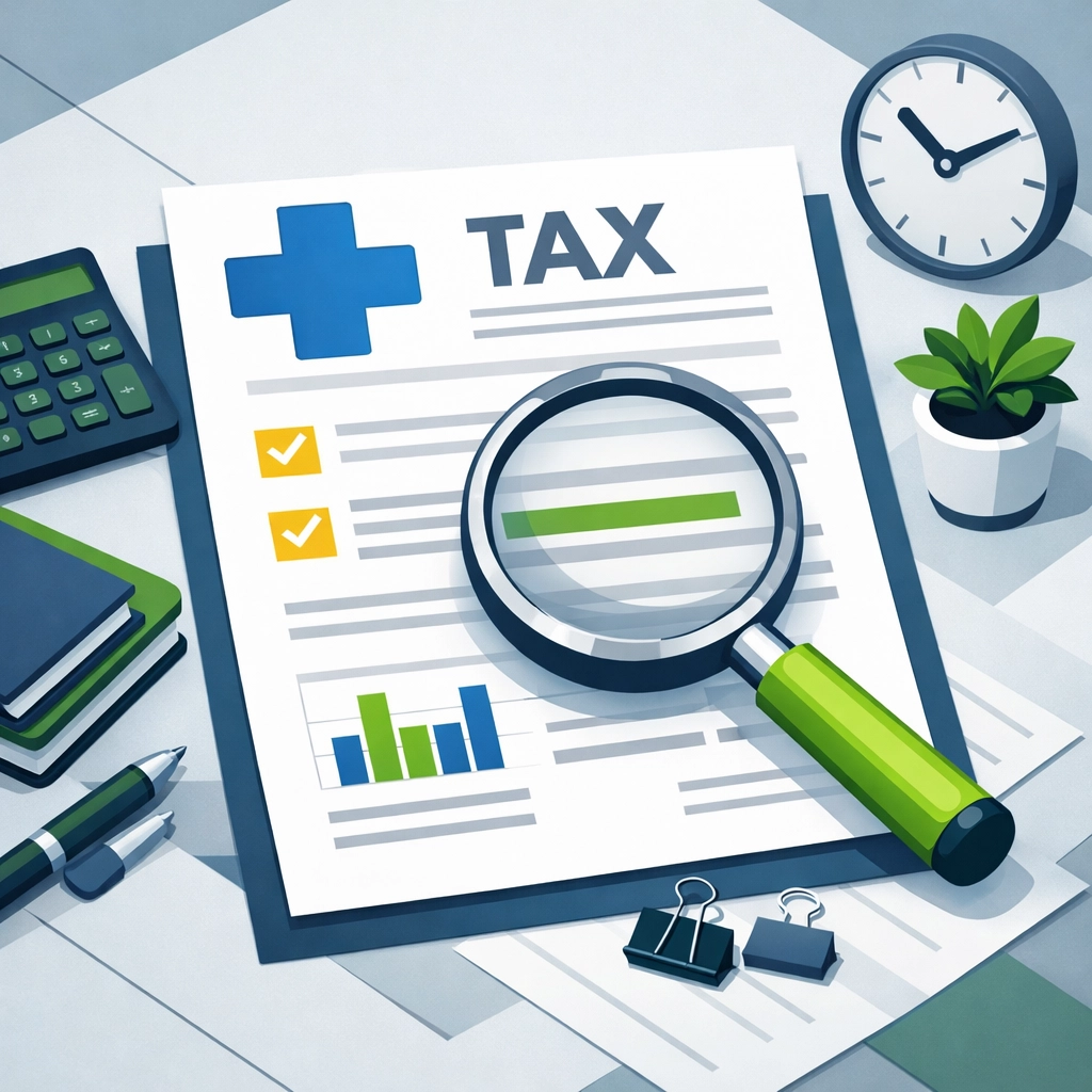 Magnifying glass inspecting a tax document with a medical cross for accurate health insurance reporting.