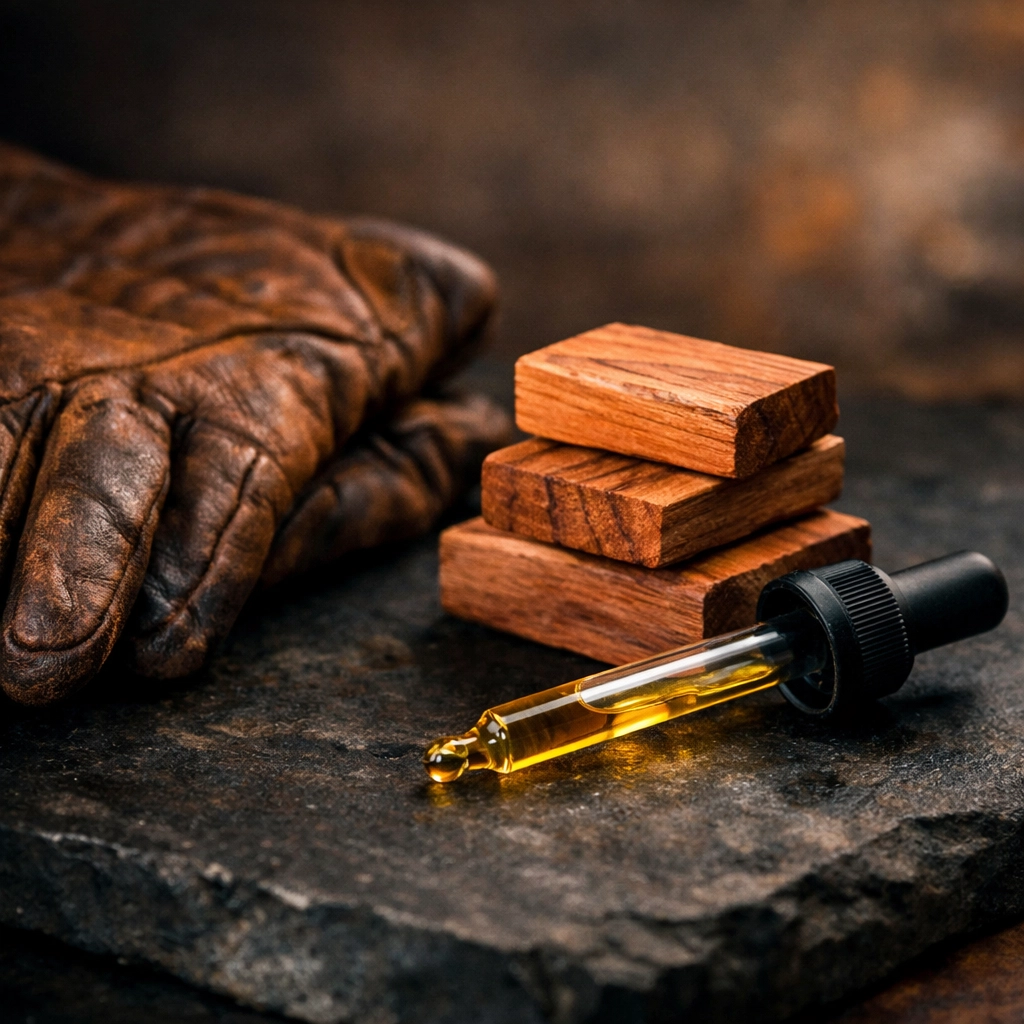 Premium beard oil scents represented by cedar wood blocks and leather for a masculine fragrance profile.