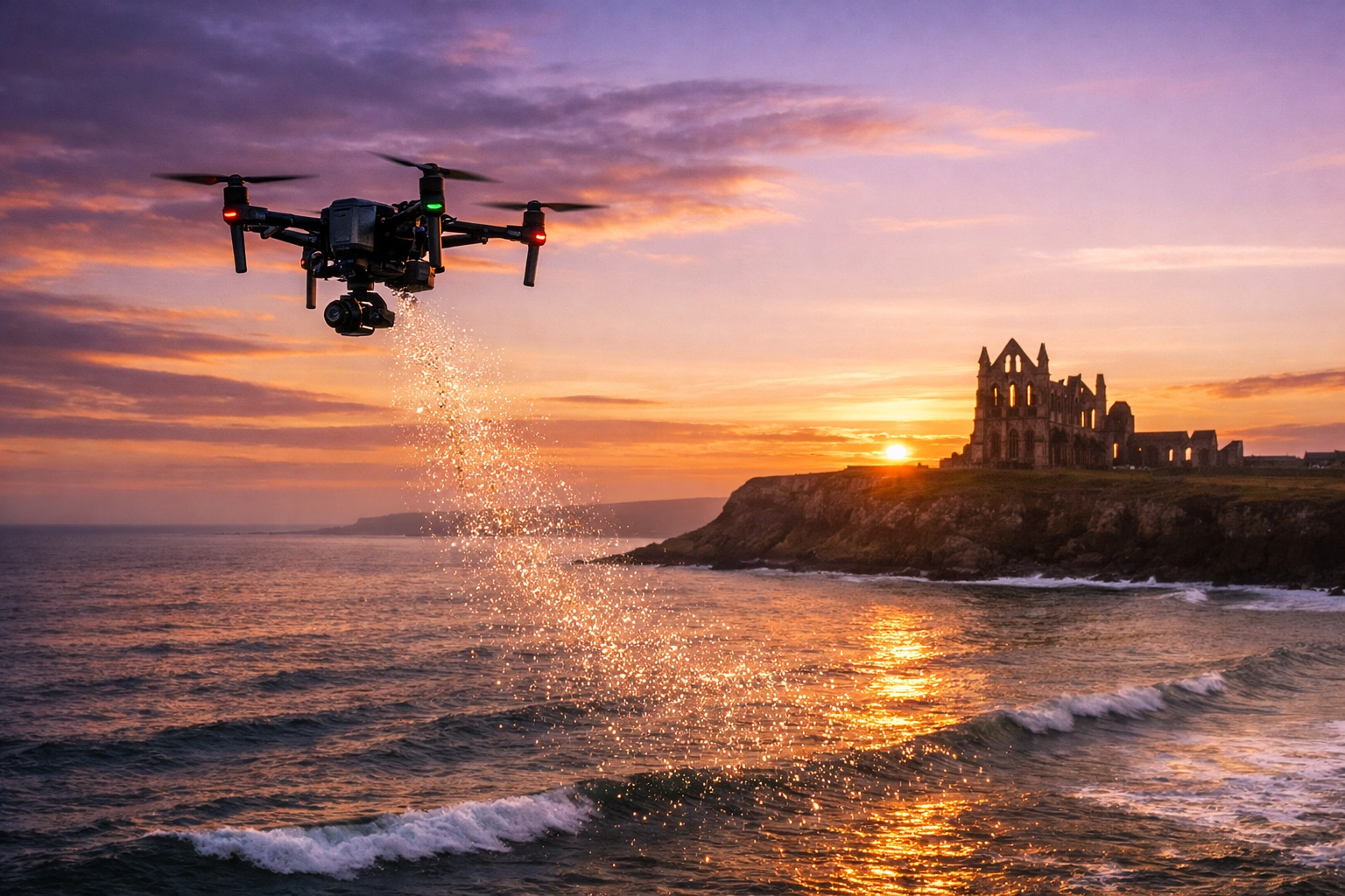 A serene drone ashes scattering ceremony at Whitby Beach with the sun setting behind the historic Abbey ruins.