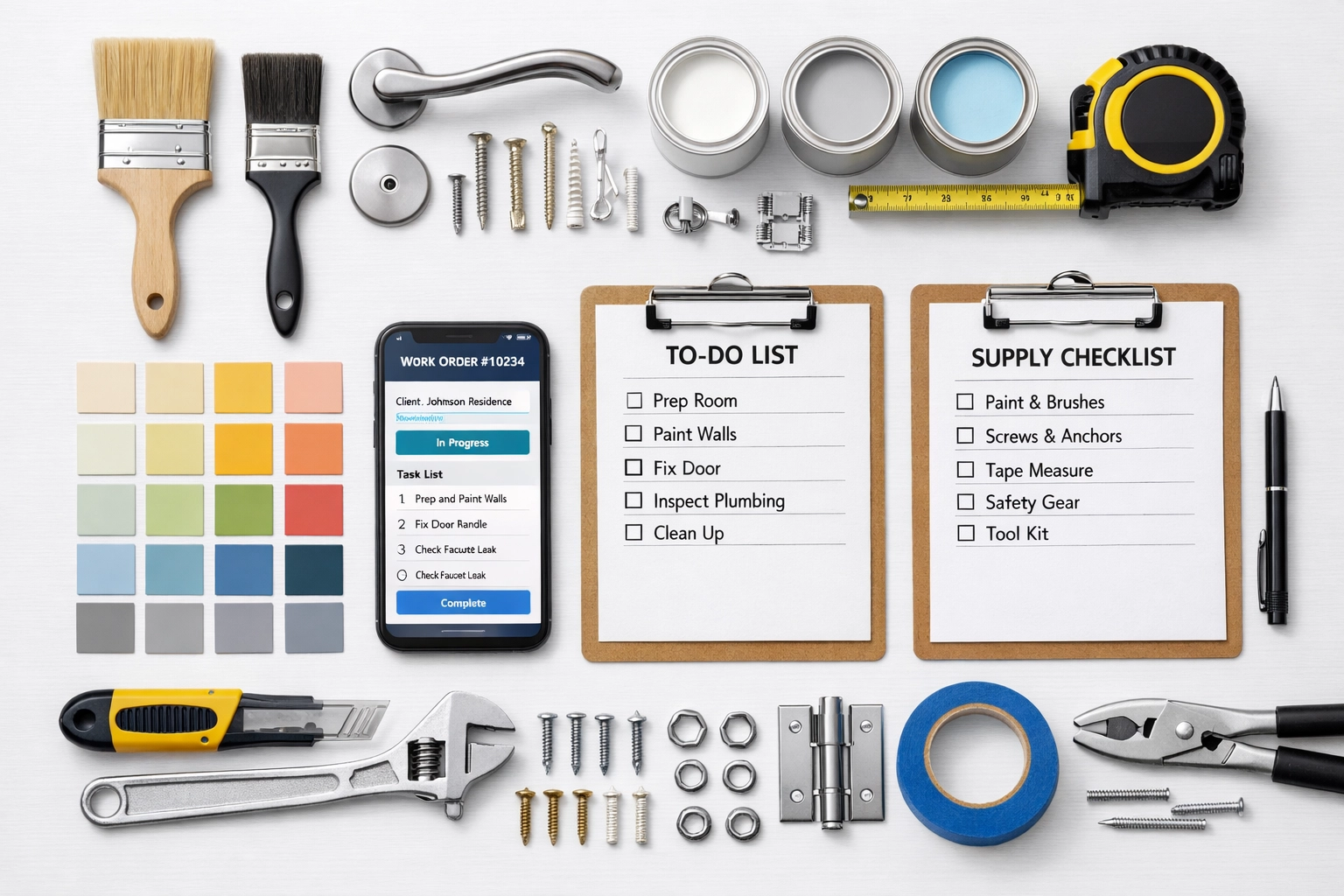 Organized maintenance tools and supplies for standardized apartment turnover process