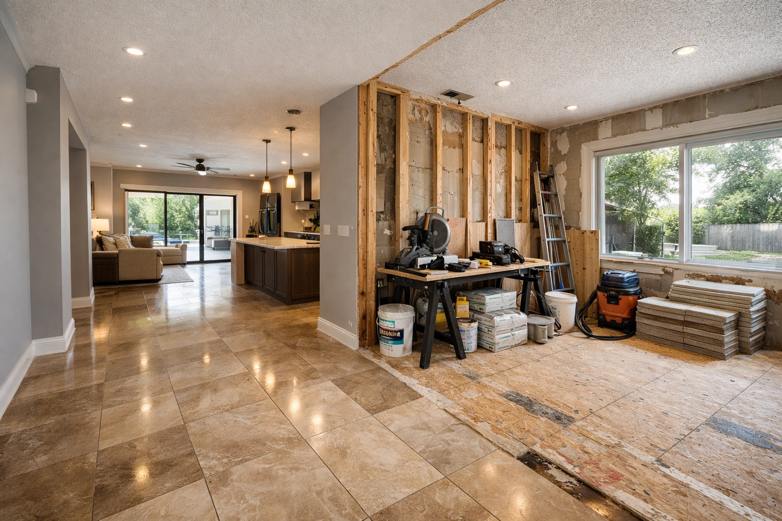 Orlando home remodeling project showing tile flooring installation in progress